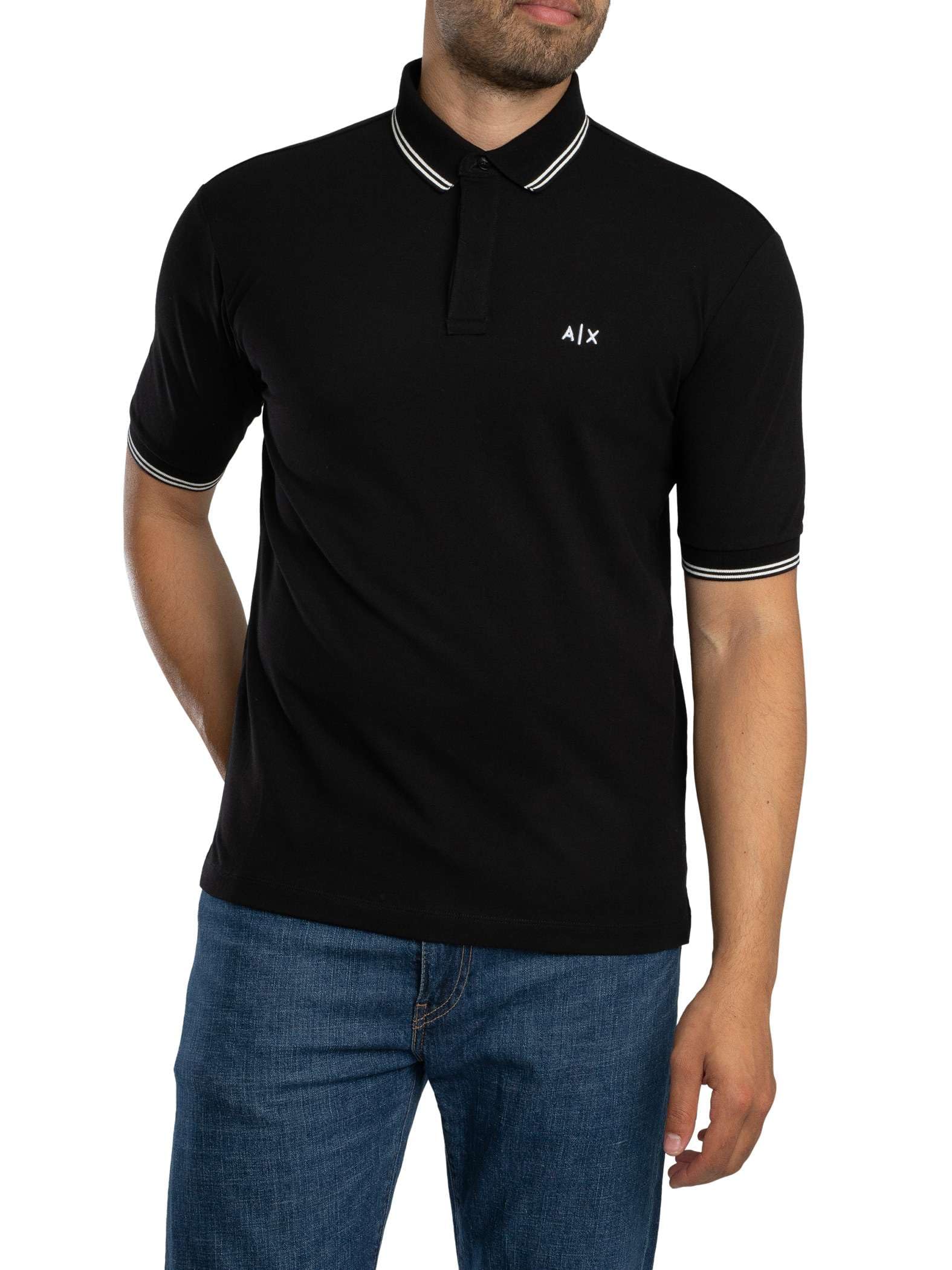 Armani Exchange Men's Essential, Double Striped Sleeve and Collar Side Monogram Logo Polo Shirt, Black, S