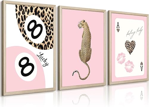 Trendy Leopard Wall Art Cheetah Print Canvas Wall Decor 8 Ball Poster Preppy Room Aesthetic Pictures Funky Coquette Vintage Prints Y2k Fashion Lucky