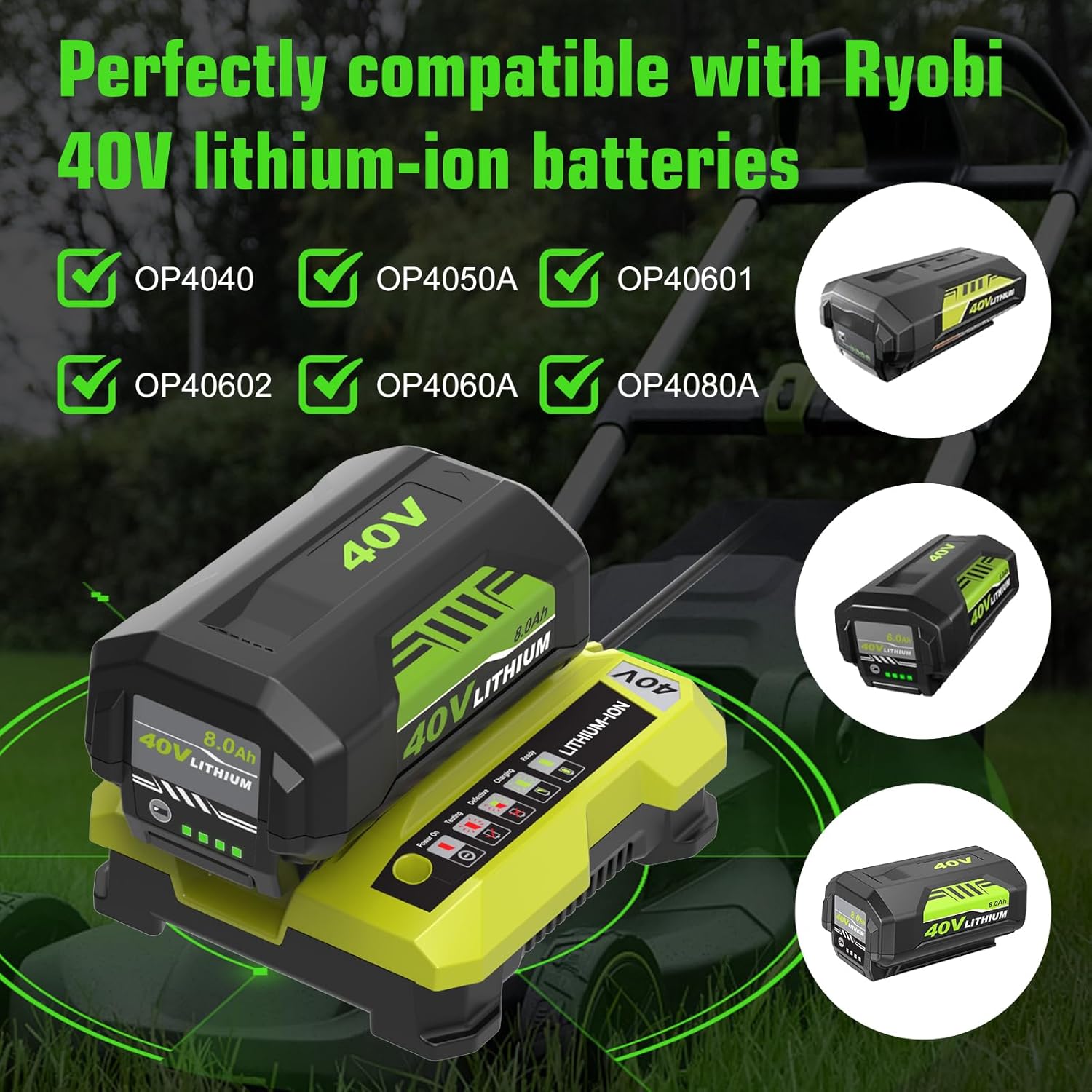 2 Pack 8000mAh Lithium-ion Replacement for Ryobi 40V Battery Compatible with Ryobi 40 Volt Battery OP4075A OP40601 OP40602 OP4060A OP4040 OP40401 OP40501 OP4050A (Green)