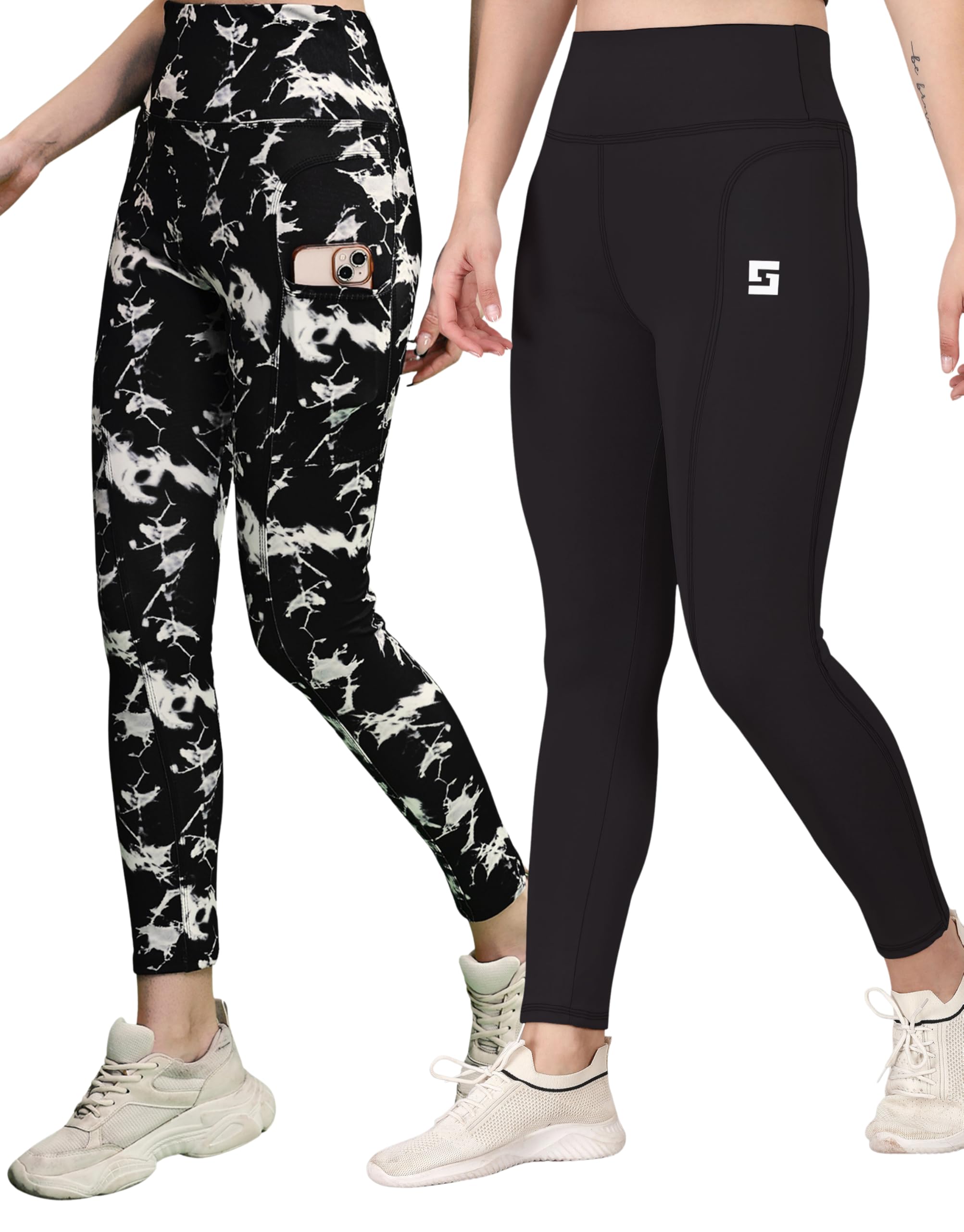 poojaran saree Women’s High Waist Gym Pant Pack of 2 – Printed & Solid Combo | Tummy Control Stretchable Workout Leggings for Yoga, Running, Gym & Casual-picture-10