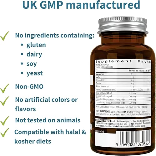 Miniatura 6 de Pure  Essential Omega-3 y D3 1000iu rTG de acción rápida apoyo para ojos función cardíaca y cerebro 1 a día aceite de pescado silvestre altamente
