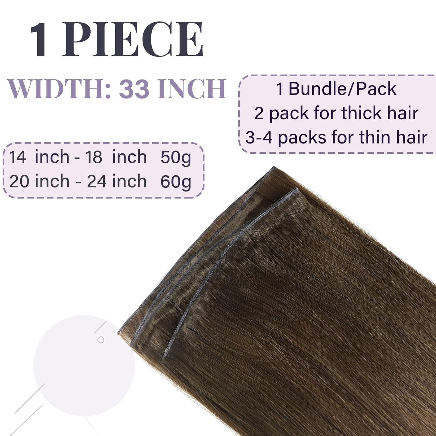 Fshine Genius Weft Hair Extensions Human Hair, Color Medium Brown 22 Inch 60 g Sew in Extensions One Piece Bundle Natural Weave, Smooth and Full Texture, for Bridal Hairstyles