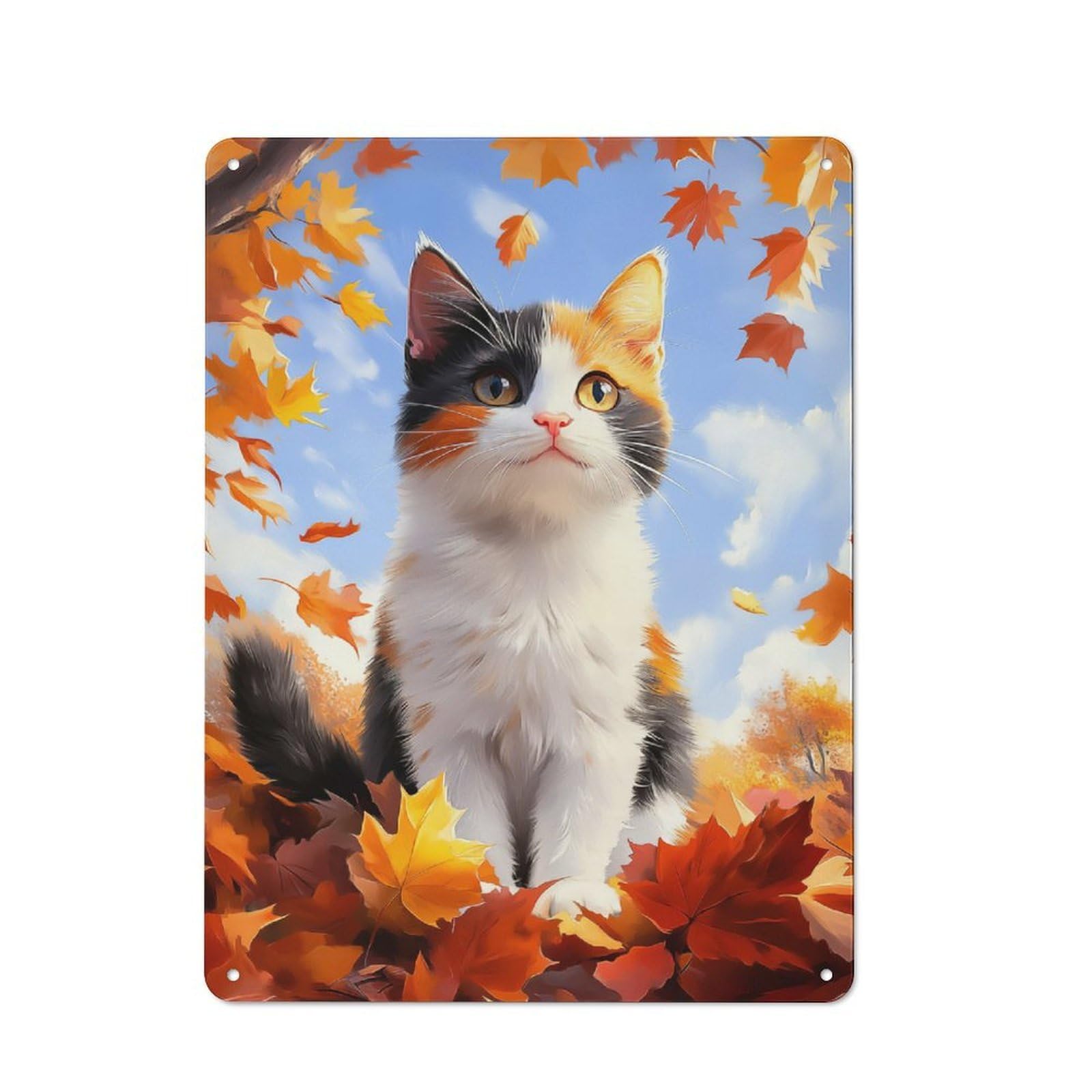 Junmoney Style-24 40X30cm Retro Tin Sign With Calico Cat In Autumn Leaves For Lounge Or Reading Corner, A Decorative Metal Sign For Lounges And Reading Corners