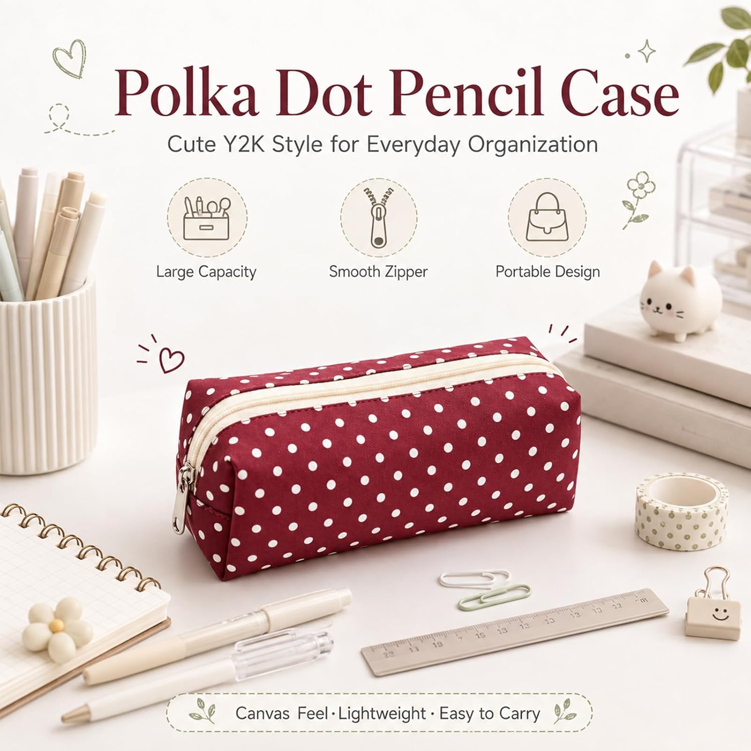 Polka Dot Pencil Case Aesthetic Pencils Pouch, Y2K Pencil Case Zipper, Large Vintage Capacity Pencils Case, Multi‑Purpose Travel Cosmetic & Stationery Organizer for Adults (Burgundy)