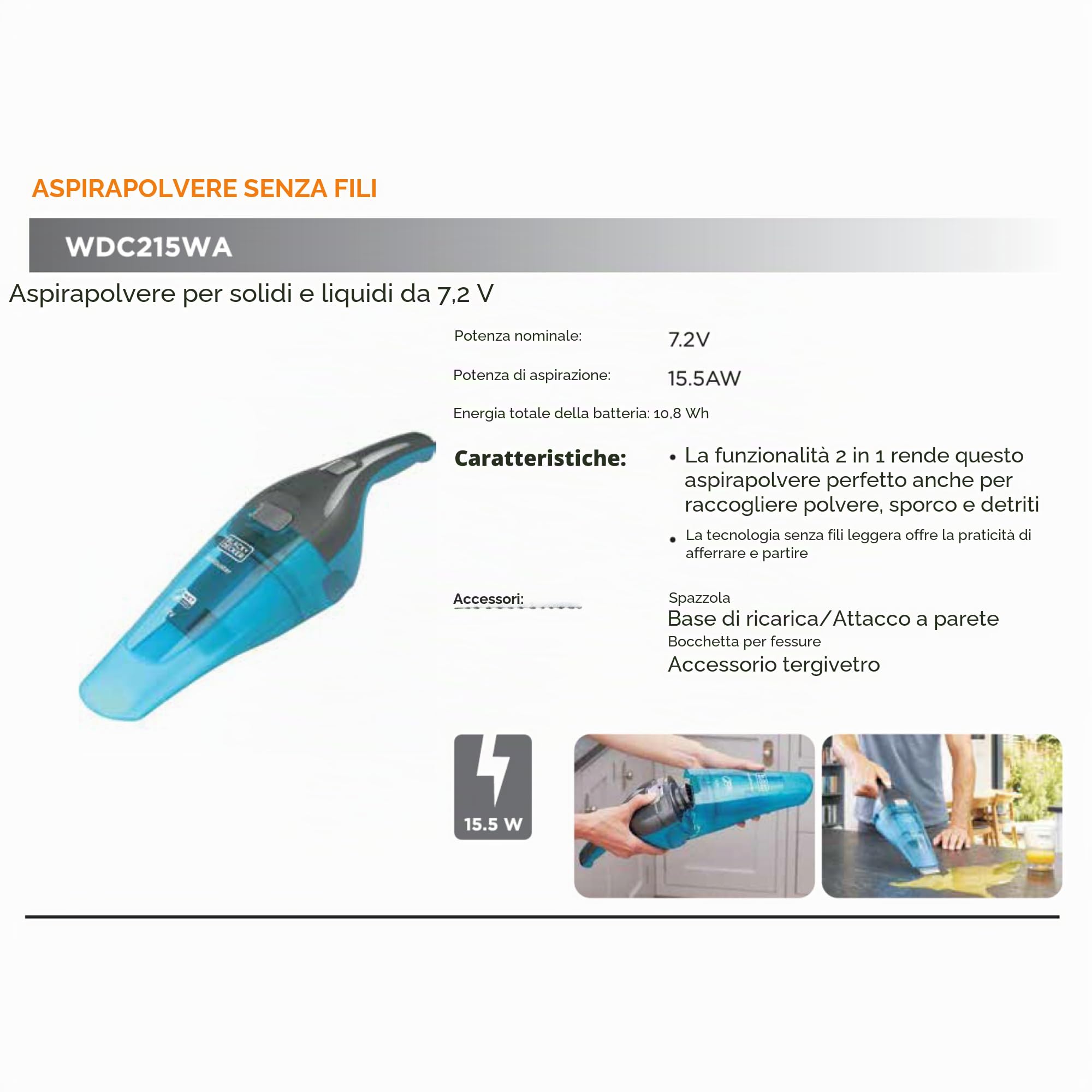 BLACK+DECKER WDC215WA WDC215WA-QW, Aspirapolvere da Tavolo, Blu, Titanio