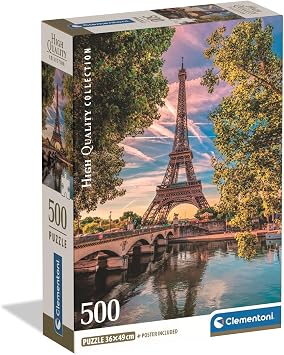 Clementoni - 35598 Jigsaw Puzzle 500 Pieces for Adults and Teenagers, Collection, Along The Seine Theme, Illustration and Eiffel Tower, Compact Box with Poster Included, Made in Italy, 49 x 36 cm,