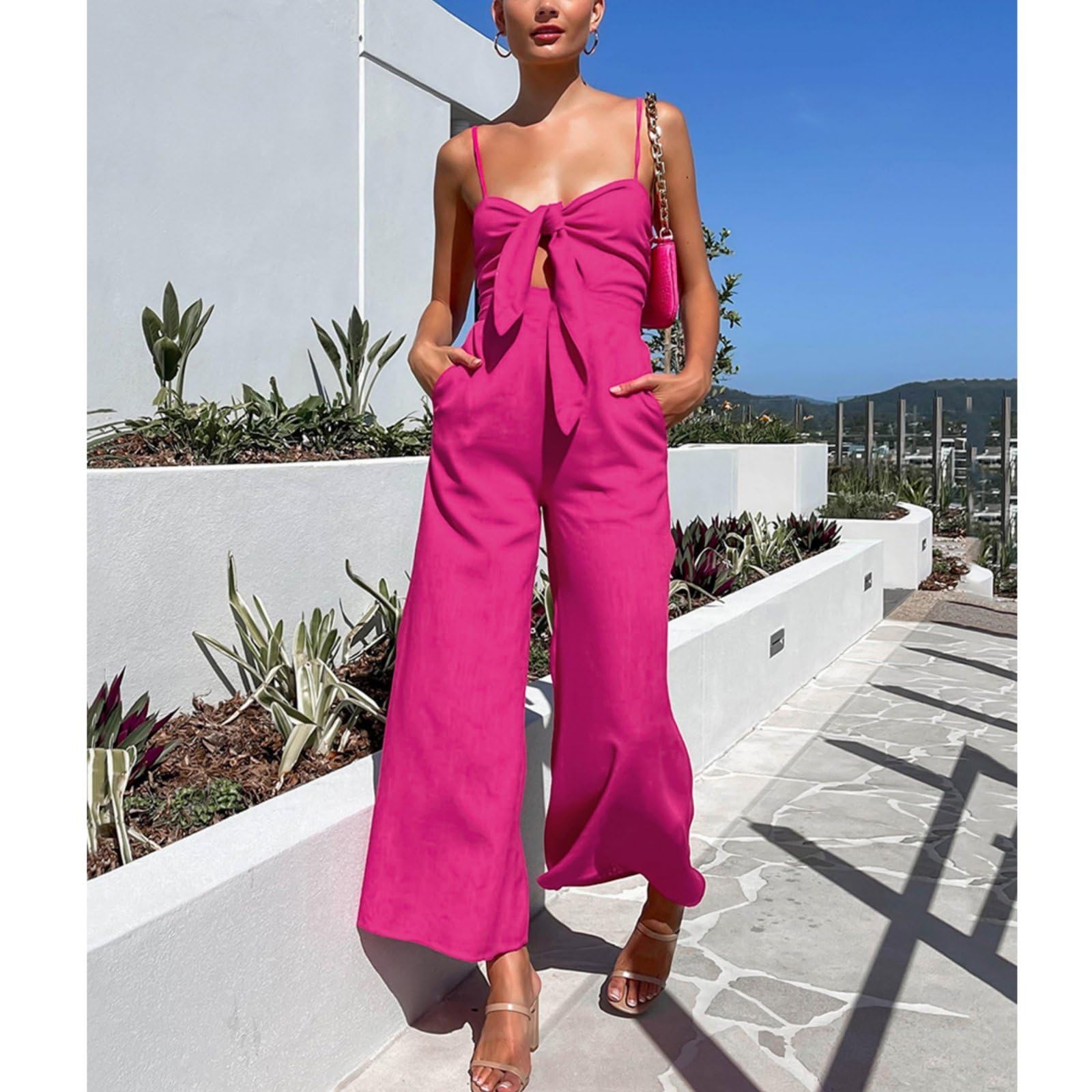 Damskie Seksowne Kombinezony Spaghetti RamiąCzka Off Shoulder Modny Front Tie Wysoka Talia Szerokie Nogawki Pajacyk