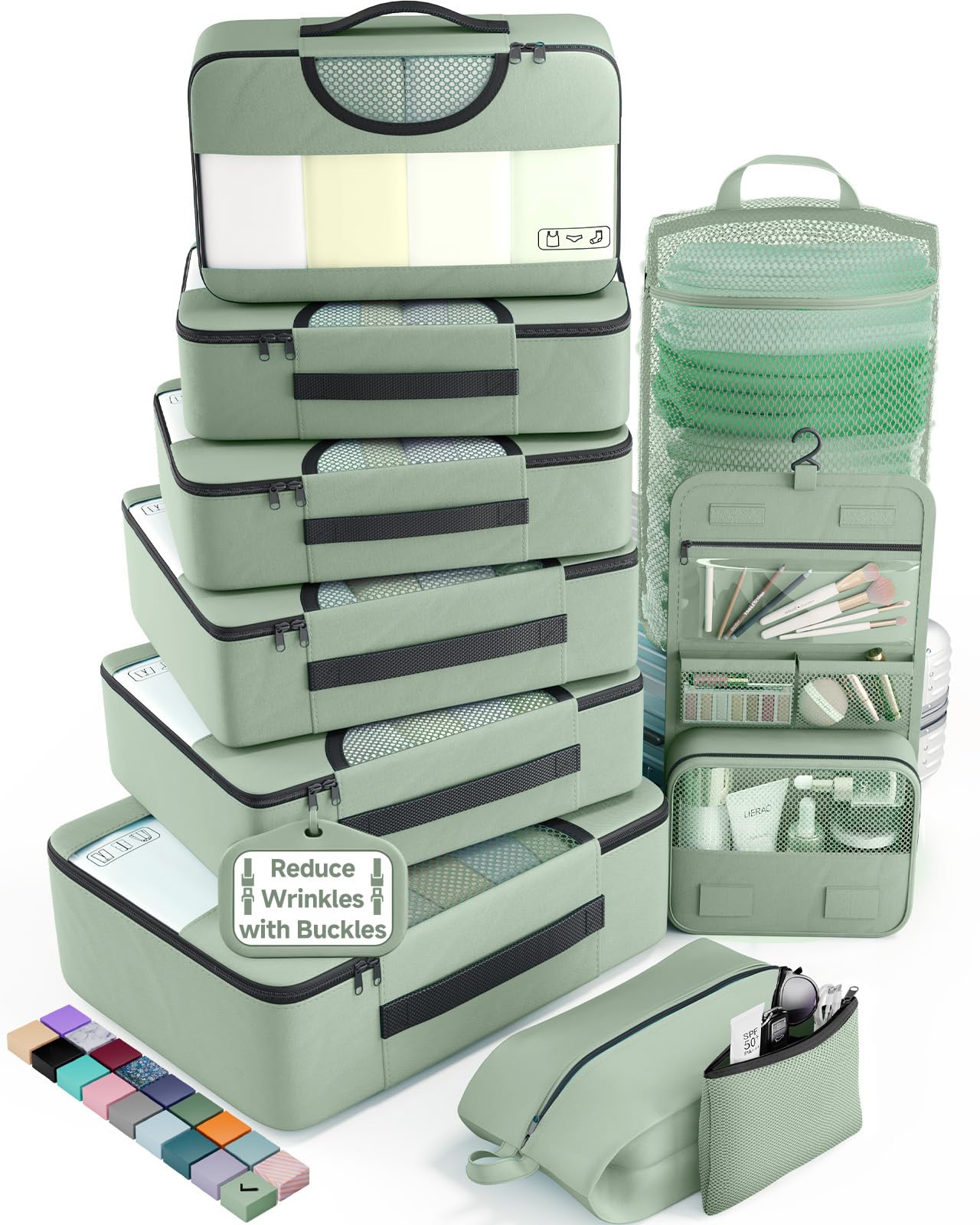 Veken 10 Set Packing Cubes for Travel Essentials,Anti-Wrinkle Buckled Suitcase Organizer for Shoe &amp; Toiletry Bag,Carry On Luggage Bag with 99+ Count Mesh Holes for Airplane &amp; College Dorm Accessories