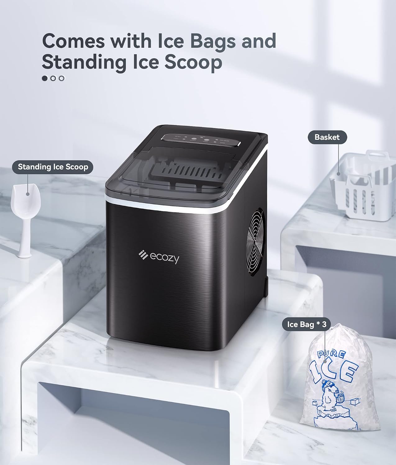 ecozy Portable Ice Maker Countertop, 9 Cubes Ready in 6 Mins, 26 lbs in 24 Hours, Self-Cleaning Ice Maker Machine with Ice Bags/Ice Scoop/Ice Basket for Home Kitchen Office Bar Party, Black