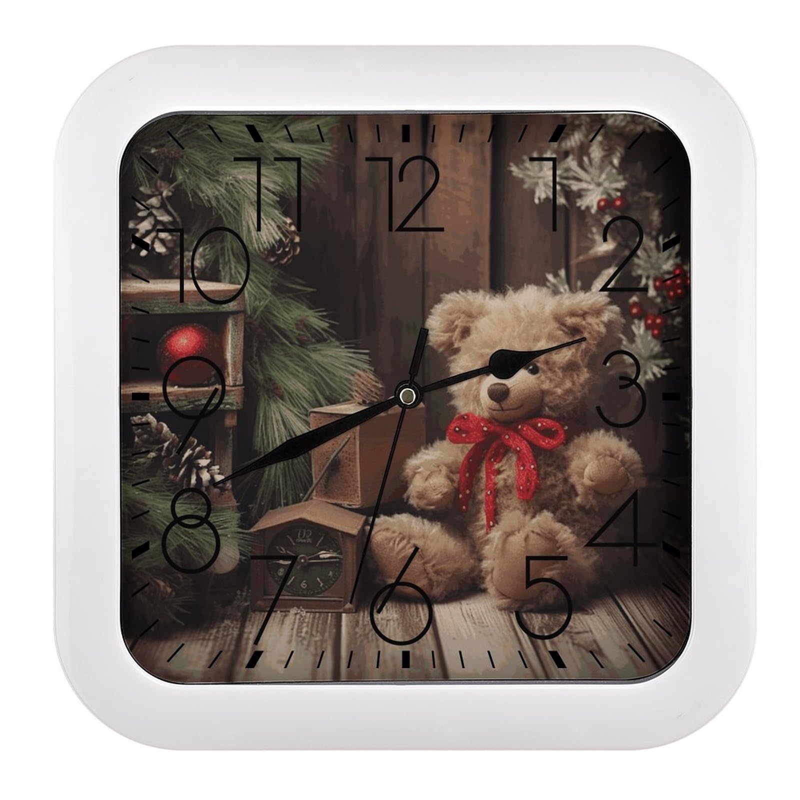 FekiLoot Xmas Tree Branch Bear Doll Wall Clock 10.2" Modern Farmhouse Square Clocks Silent No Ticking, Wall Art and Timepiece Clock for Shelf Table Mantel Or Bedside Clocks