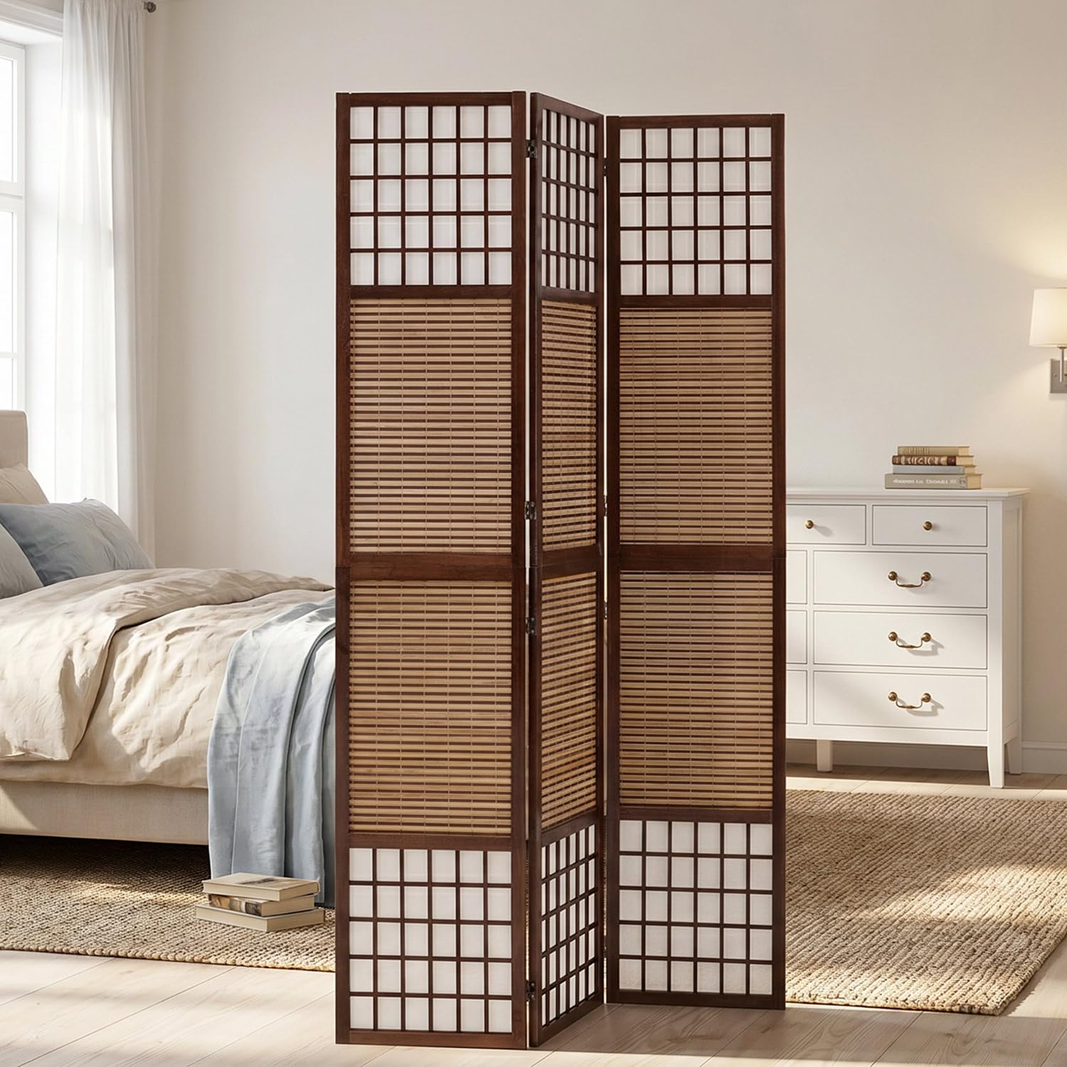 3 pan Diviseur de pièce paravent Taille spéciale 2 m de Hauteur - Bois diviseur Shoji avec Bambou au Riz Brun Blanc