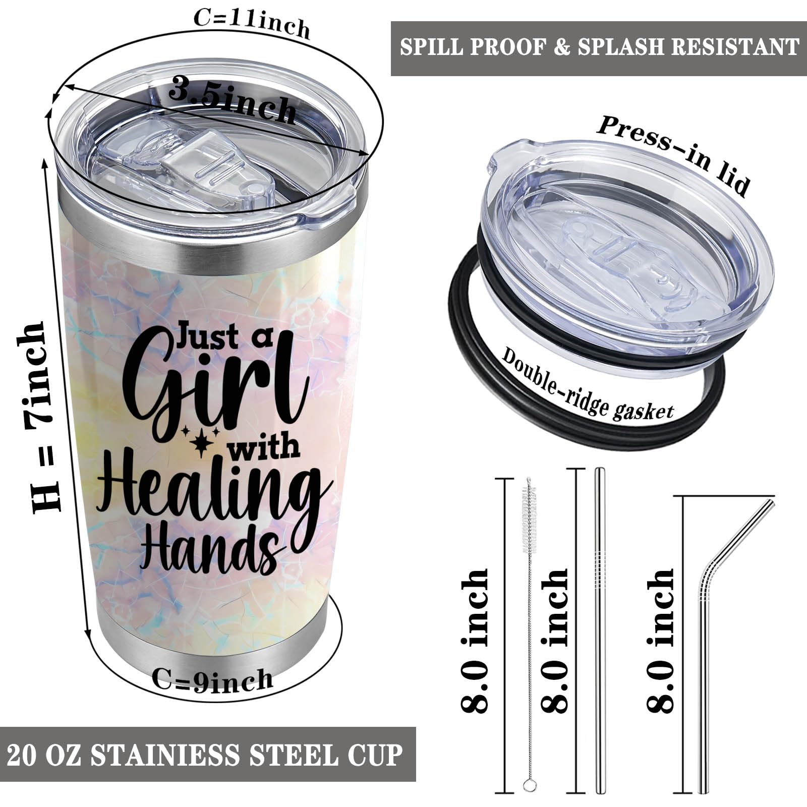 Massage Therapist Gifts Massage Therapist Definition 20oz Stainless Steel Insulated Tumbler with Lid and Straw Just a Girl with Healing Hands (Girl with Healing Hands)