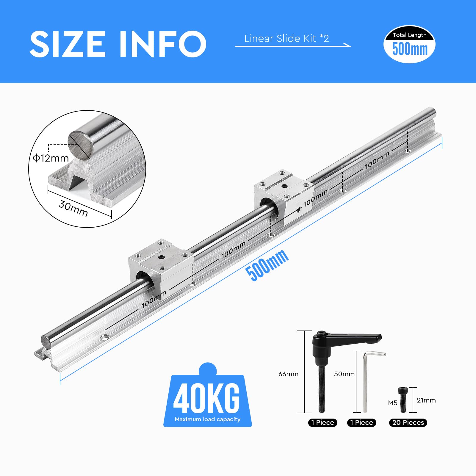 SWAWIS SBR12UU Rails de Guidage Linéaires Kit - Comprend 2x 500mm Rails Linéaires 4x Blocs de Roulement et 20x Vis de Montage, Aluminium Matériau, pour Machines Appareils électroniques CNC