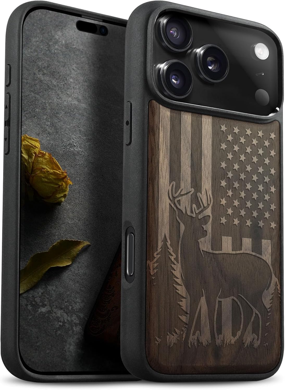 Carveit Magnetic Wooden Case for iPhone 17 Pro Case, Wood Artisan Engraved & Black Soft TPU Shockproof Cover, Compatible with MagSafe Wireless Chargers (Patriotic Deer Silhouette) Walnut