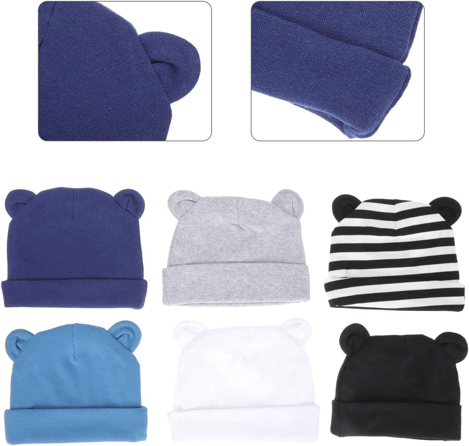 SOLUSTRE 6pcs Cotton Hats with Bear Ears Newborn Caps Soft Turban Style for Boys and 0-1 Year Old Set