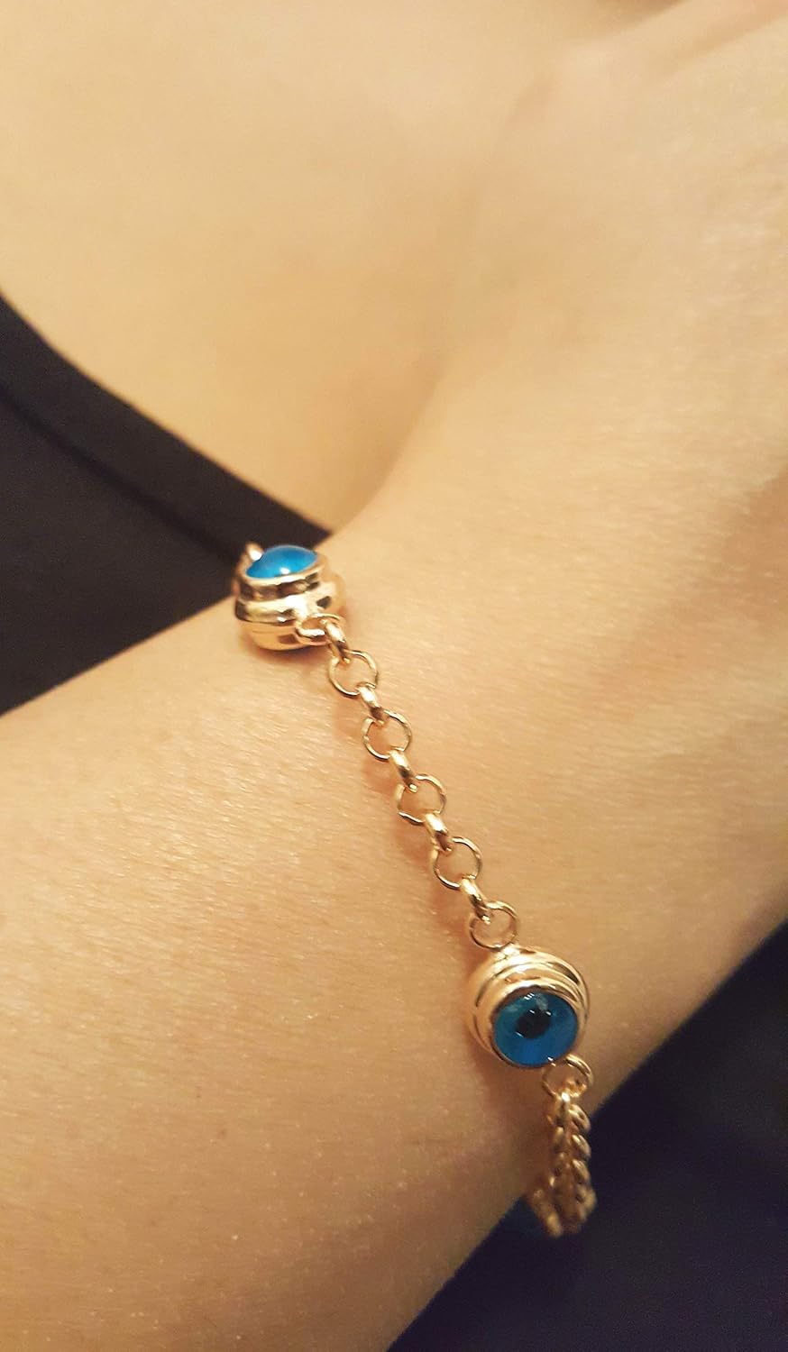 JEWEE DIAMOND 14k Gold Evil Eye Bracelet - Real Gold Rolo Chain with Blue Eyes - Protection Jewelry, Nazar Charm, Gift for Her