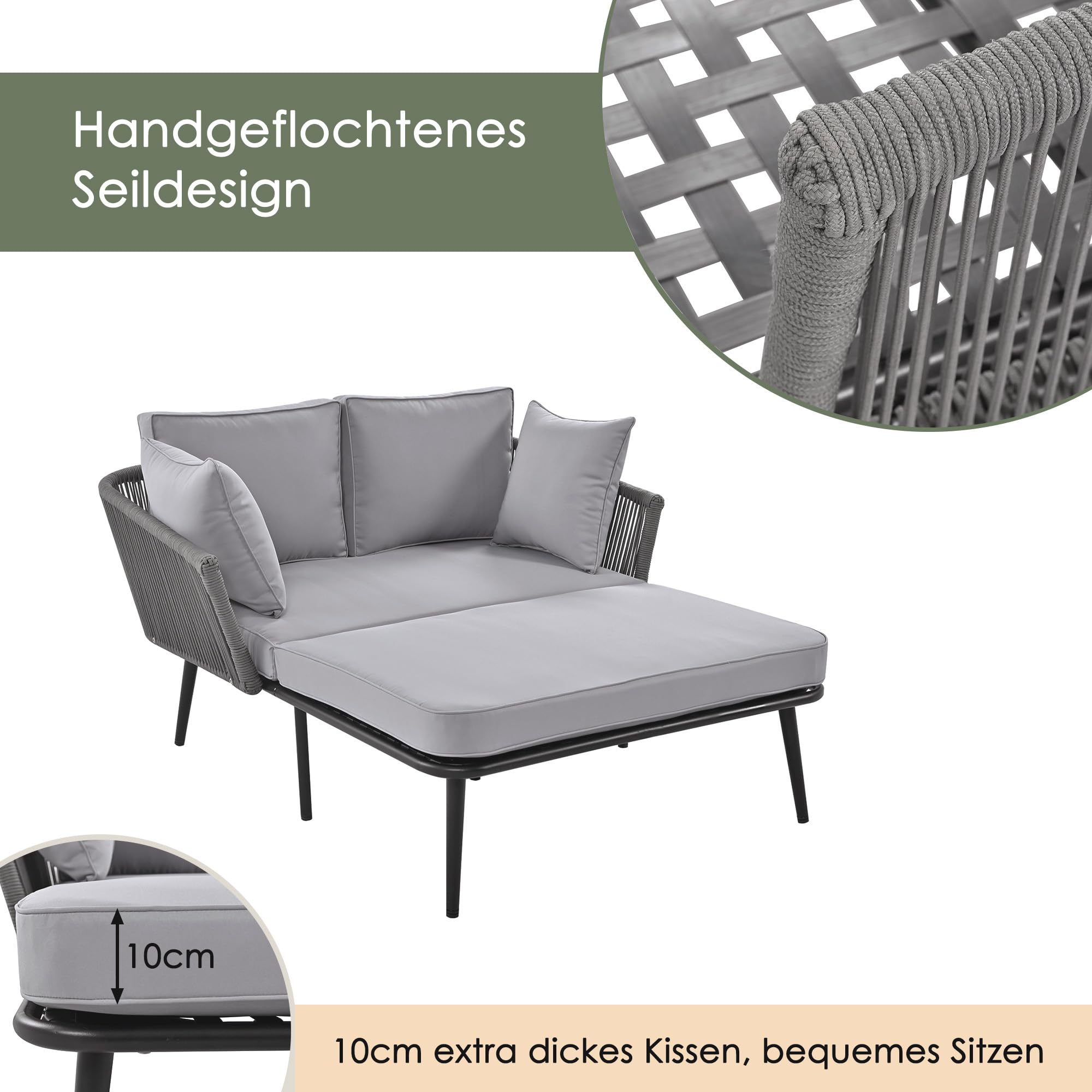 Merax Gartensofa 2-Sitzer, Outdoor Sofa, mit 2 Kissen und 2 Polster, Sonnenliege im Außenbereich, Gartenlounge, Balkonmöbel-Set, Loungemöbel, Terrassenmöbel, Grau