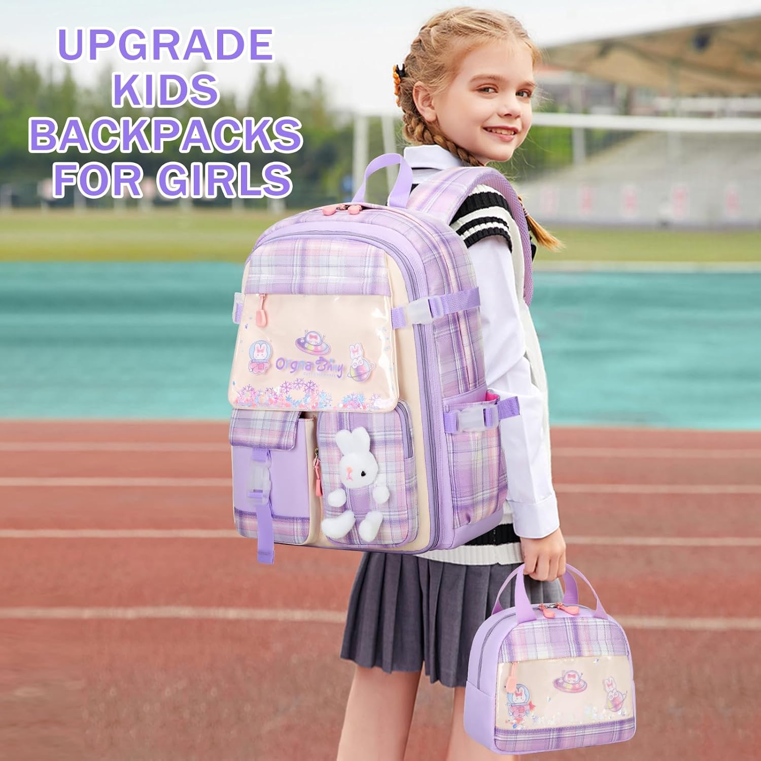 Girls Backpack Set, 3PCS Kids Backpack for Girls, Kawaii Bunny School Backpacks for Girl Kindergarten Elementary Preschool Middle School Bags with Lunch Box Pencil Case Purple-Plaid