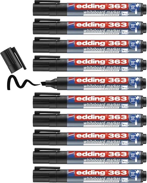 edding 363 whiteboard marker - black - 10 whiteboard pens - chisel tip 1-5 mm - whiteboard pen dry wipe - for whiteboards, flipcharts, pinboards, magnetic and memo boards - sketchnotes - refillable