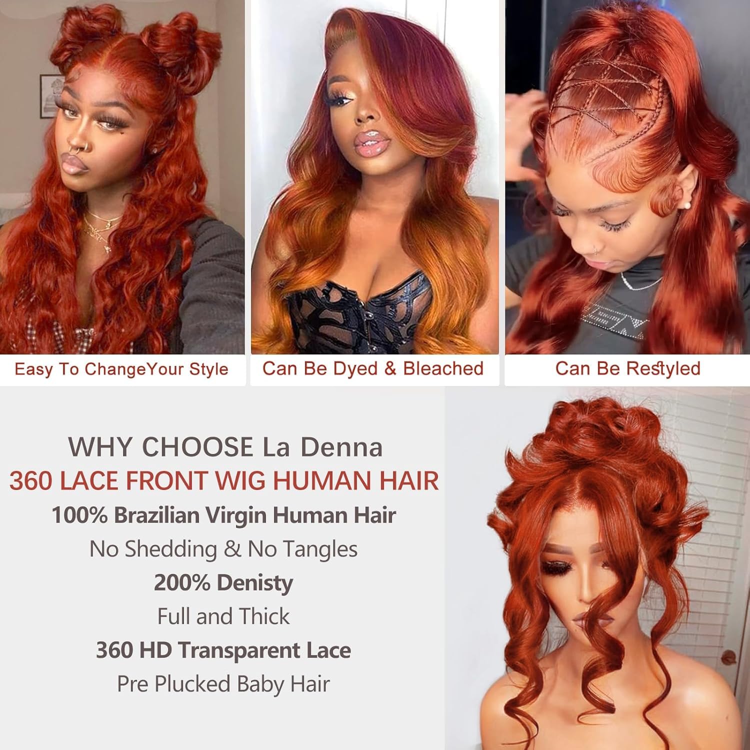 Reddish Brown 360 Body Wave Lace Front Wigs Human Hair 200% Density Pre Plucked Ginger Brown Human Hair Lace Front Wigs HD Transparent 360 Lace Frontal Colored Wigs Human Hair for Women 24 inch