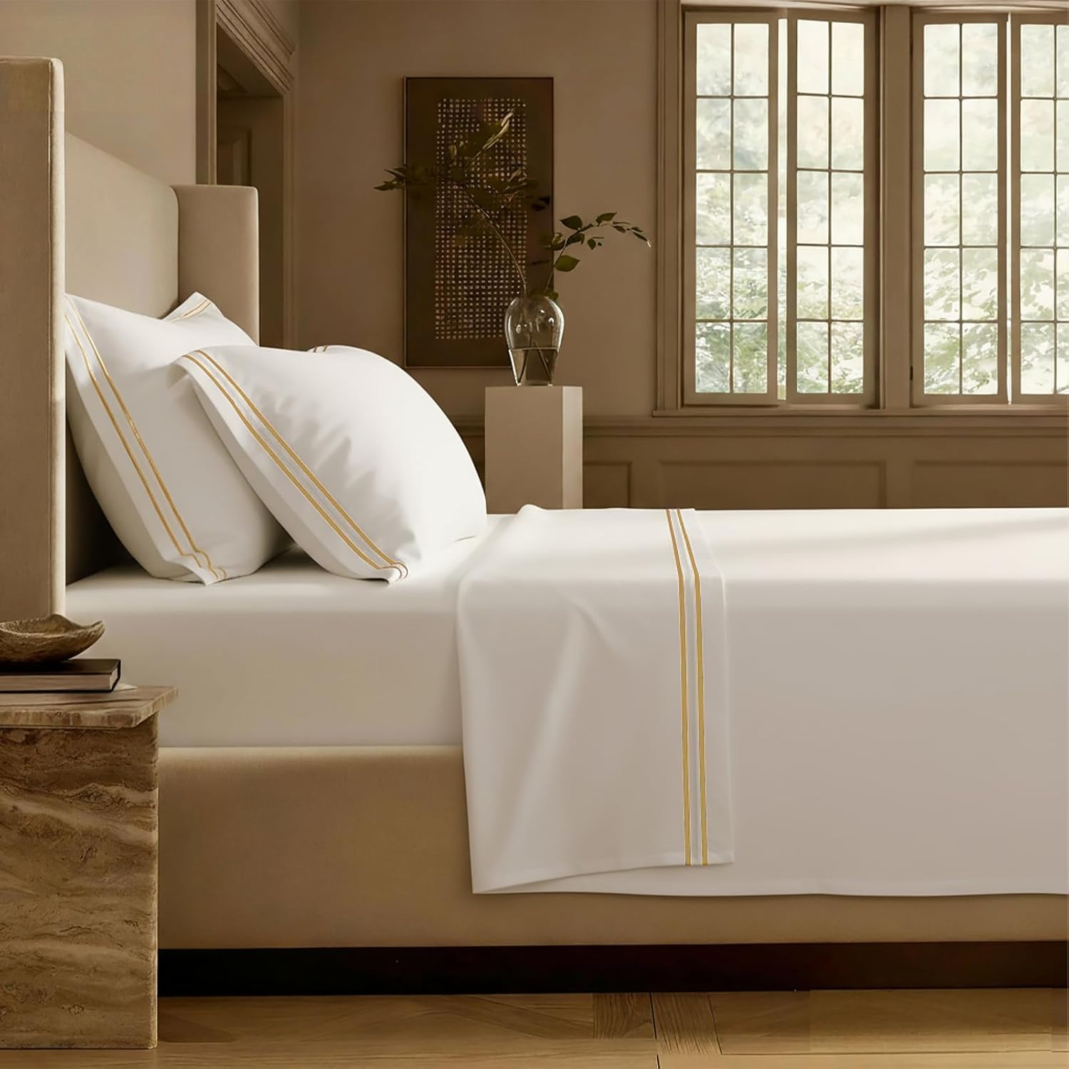 Luxury 100% Cotton Sheet Set, Hotel Luxury Bedding Breathable and Cooling Super Soft Sheets, All Season Comfort 4 Pieces, King Size, White, with Golden Embroidered Hem