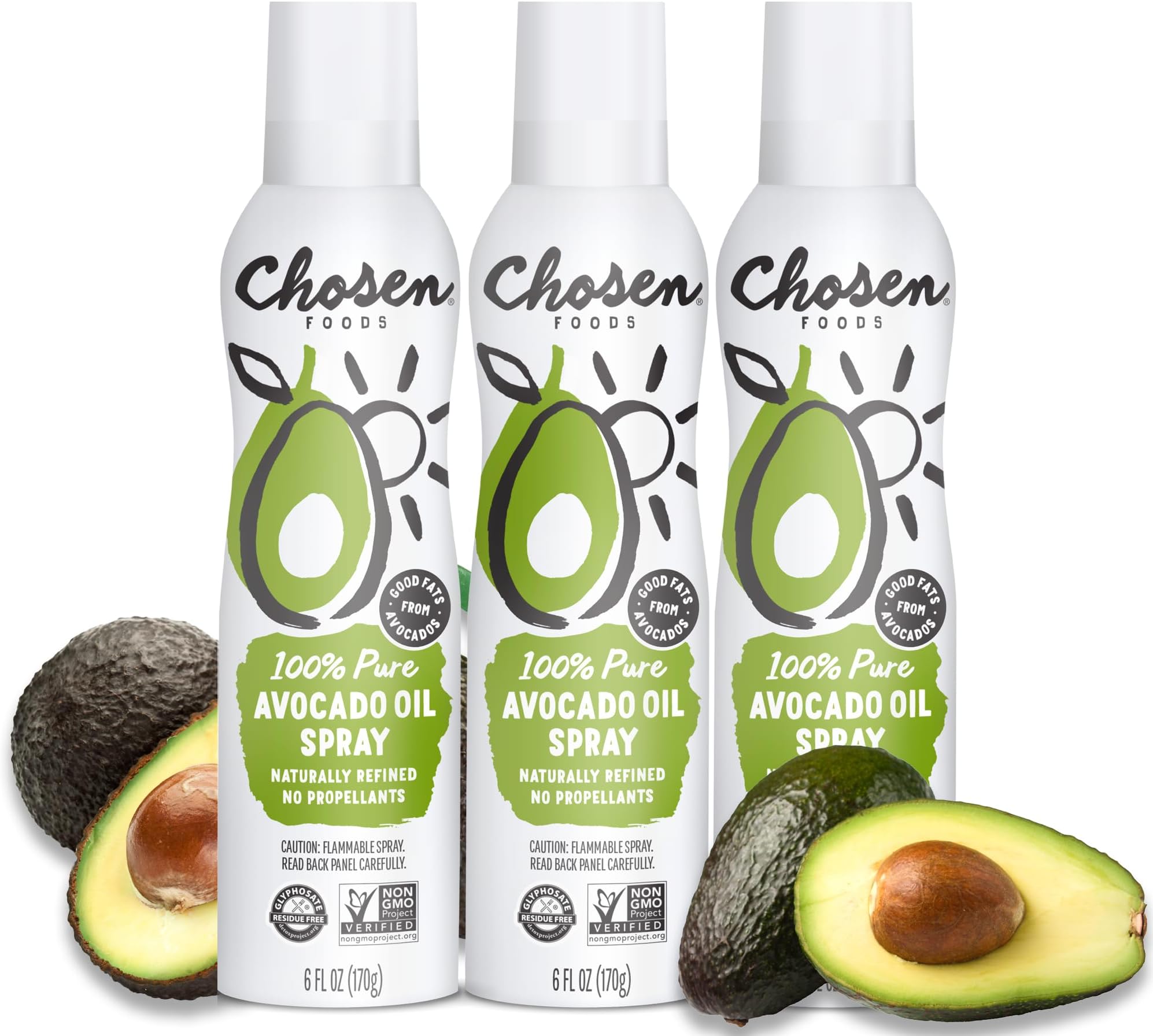 Chosen Foods 100% Pure Avocado Oil Spray 6 oz. (3 Pack), Non-GMO, 500°F Smoke Point, Propellant-Free, Air Pressure Only for High-Heat Cooking, Baking and Frying
