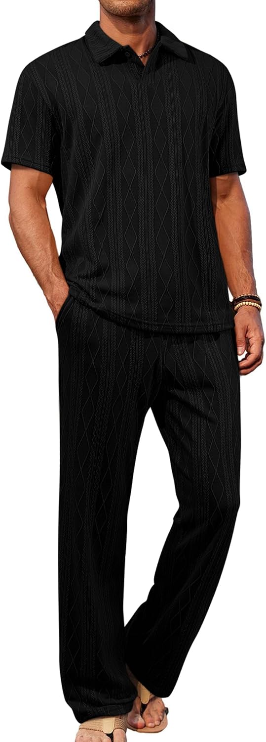 JMIERR Mens Two Piece Outfits Short Sleeve Polo Shirts & Loose Pants Sets Casual Summer Textured Suits