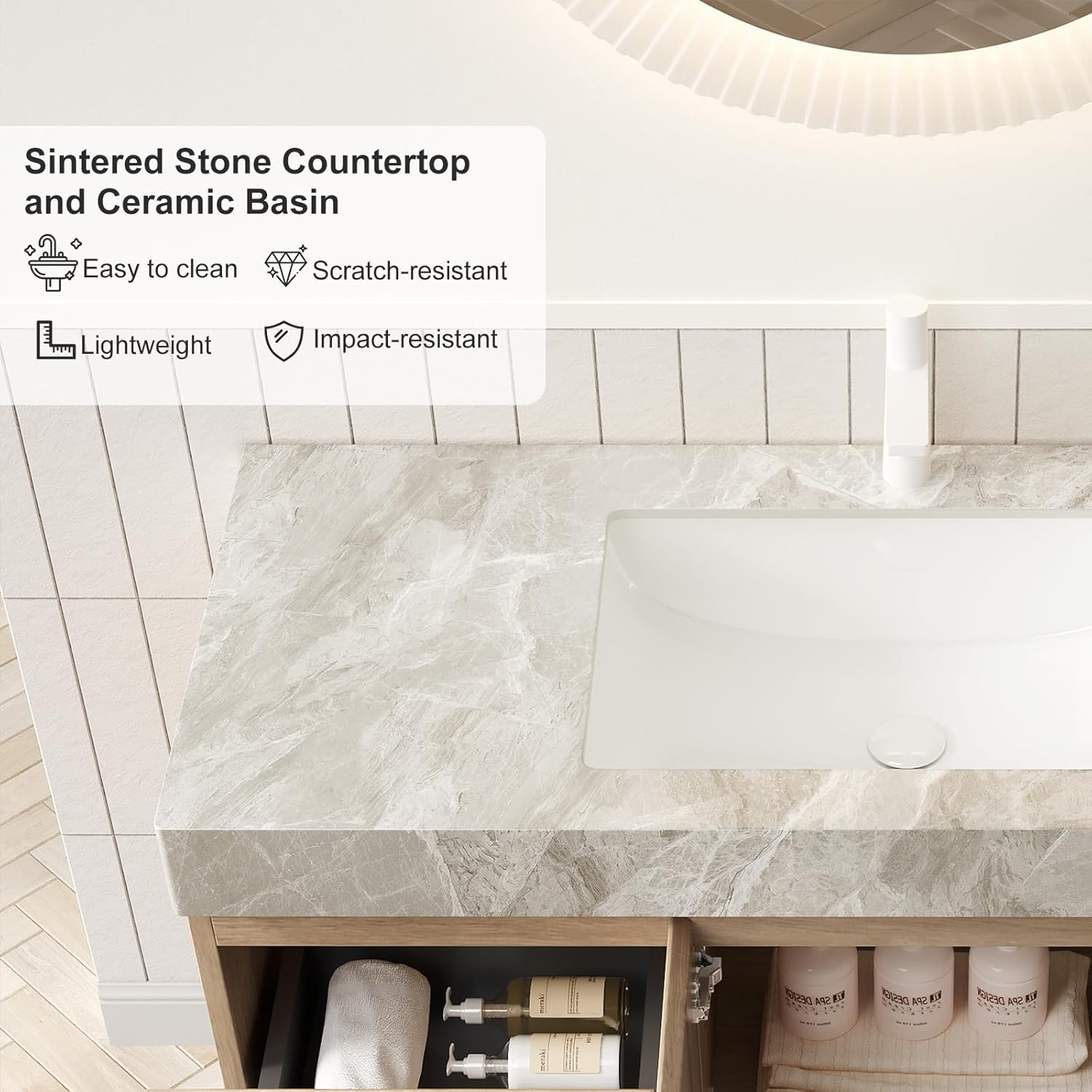 Ambrovina 48" Floating Bathroom Vanity with Sink, Modern Plywood Bathroom Storage Cabinet with Drawer and 2 Doors, Gray Sintered Stone Countertop and White Ceramic Basin, Pre-Assembled, Light Oak