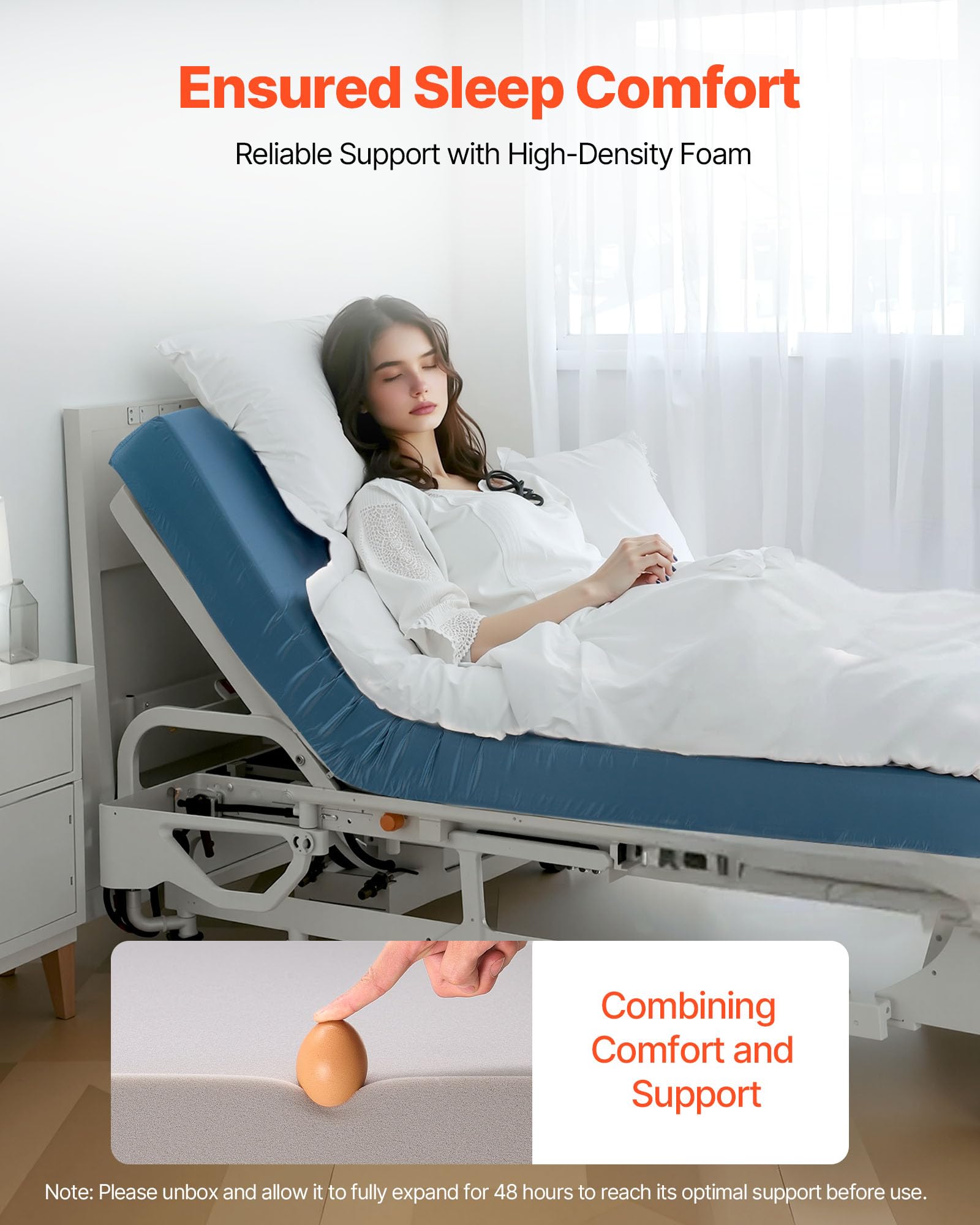 VEVOR Materasso per Letto Ospedaliero in Schiuma, capacità 158,8 kg, con Ridistribuzione della Pressione per Cure, Impermeabile per Case di Cura e Assistenza Domiciliare, 2030 x 914 x 153 mm