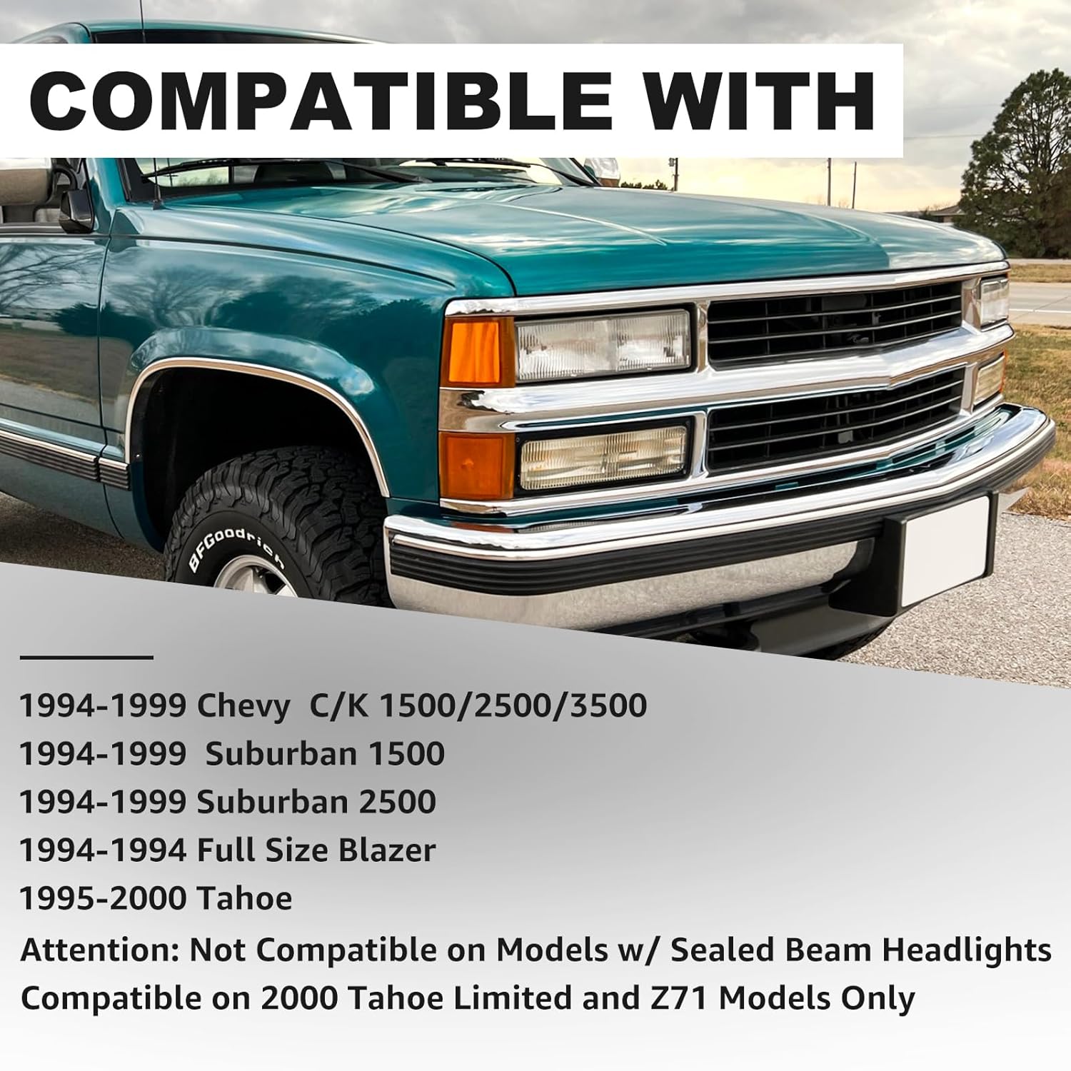 Headlights Assembly Compatible With 1994-1998 Chevy C/K 1500/2500/3500 Silverado Tahoe Suburban Headlights Headlamp Pair, Chrome Housing Clear Lens