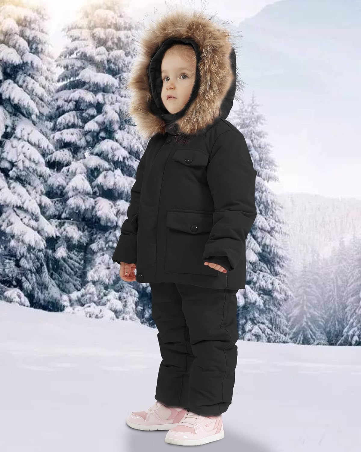 YUEMION Toddler Girl Snowsuit 2Pcs Kids Down Jacket Winter Hooded Coat +Snow Bib Pants Kids Windproof Skiing Suit (2T/6T) - Image 3