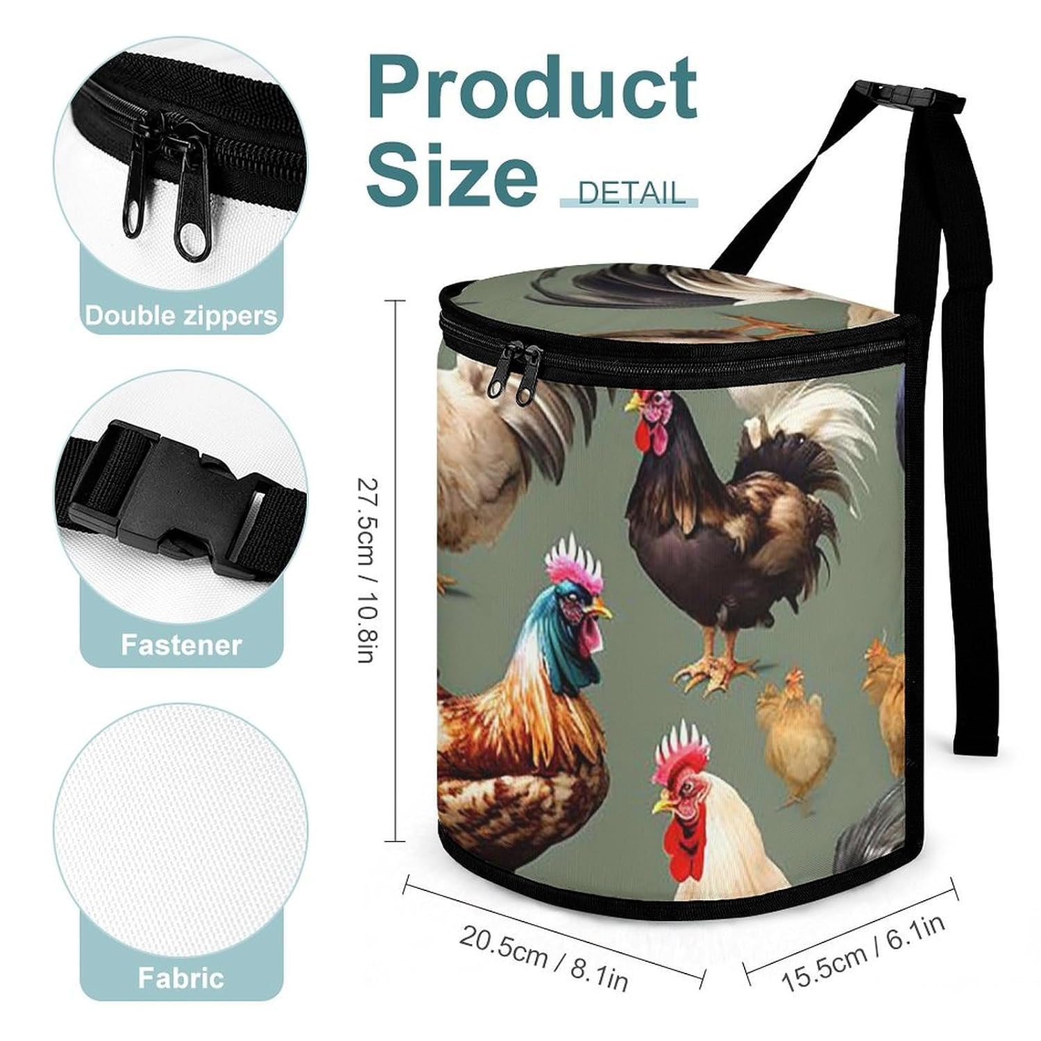 Chicken and Rooster Print Car Trash Can with Lid, Leakproof Hanging Automotive Trash Bin, Waterproof Garbage Storage Bag for Vehicles, RV, Bathroom, Office
