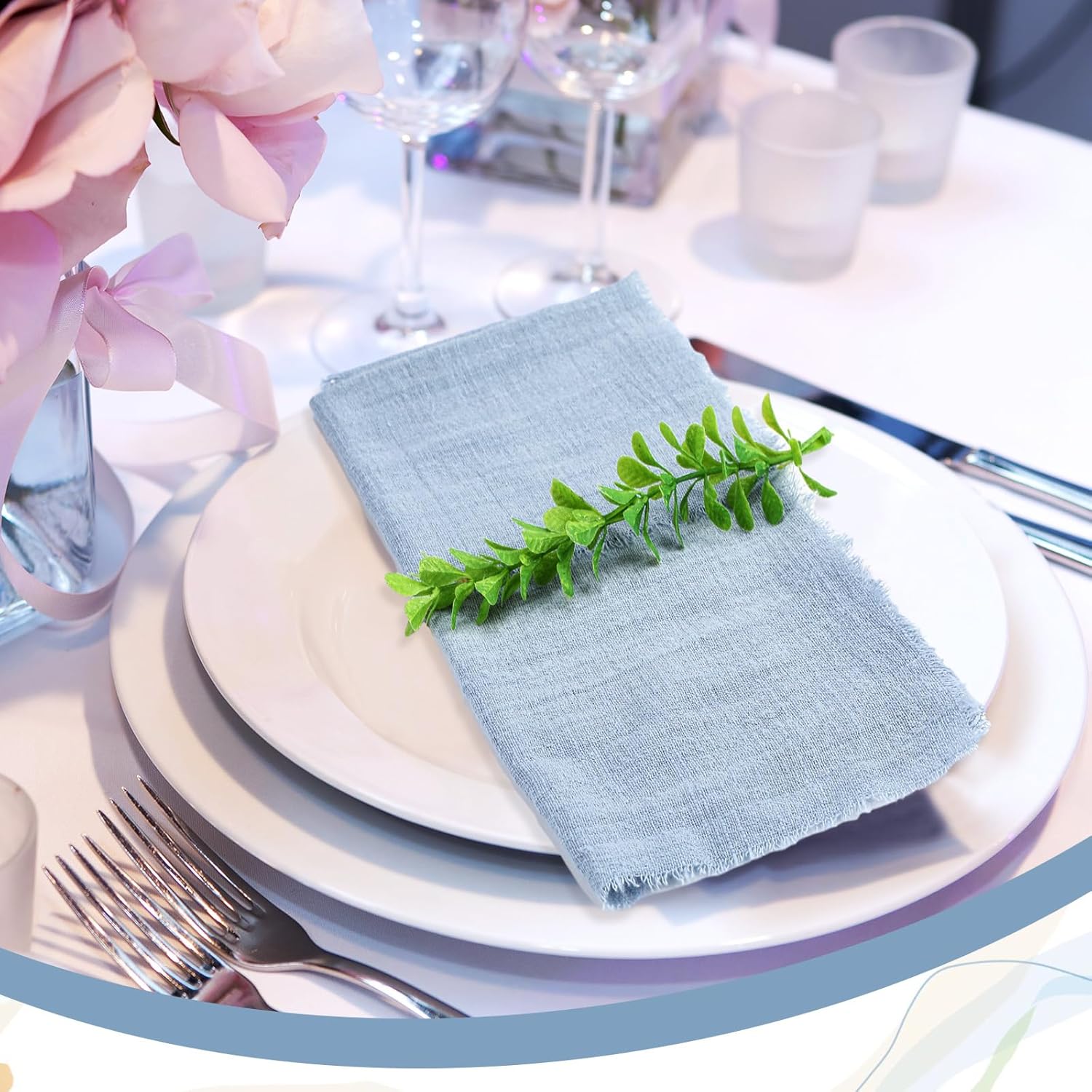 Buryeah 48 Pcs Cotton Linen Cloth Napkins with Fringe 16.5 x 16.5 Inch Square Rustic Dinner Linen Napkins Bulk for Wedding Party Banquet Dinner(Dusty Blue)