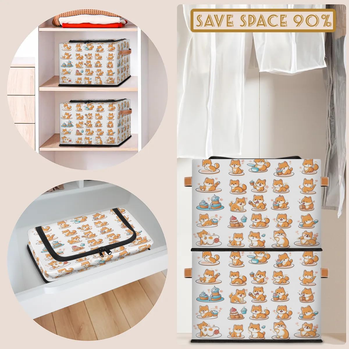 Cute Dogs Pattern Storage Box with Lid and Handles Foldable Cloth Storage Basket Bin Bags for Shelves Closet Shelf Toys Clothes Bed Sheets Organizer 2 Pack