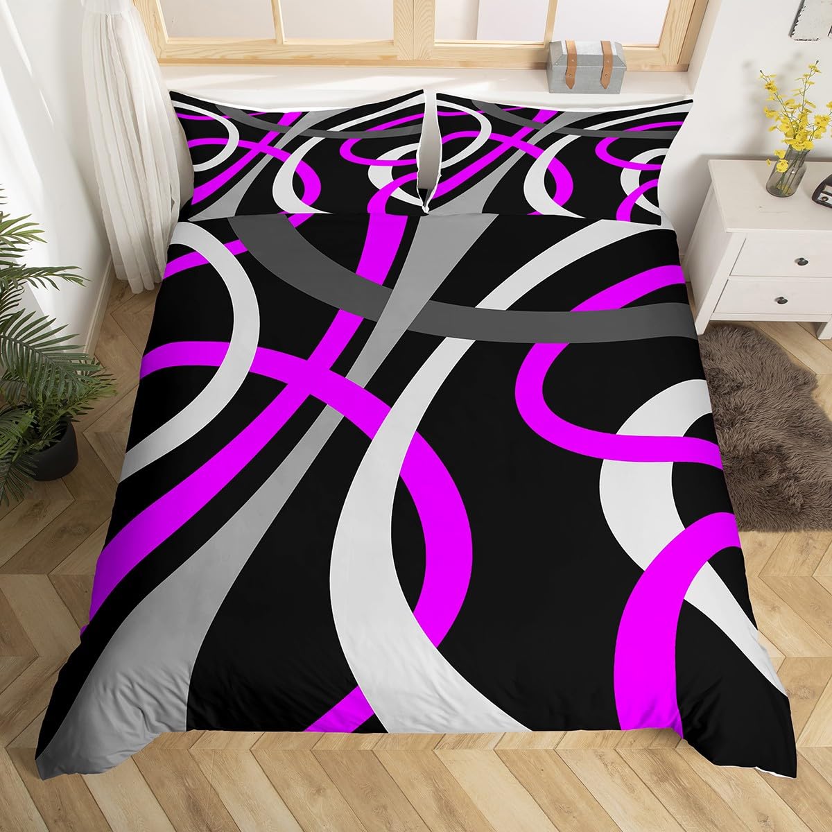 Purple Black Gray Geometric Bedding Set for Boys Retro Circle Swirls Circle Stripes Geometric Comforter Cover Abstract Geometric Bedspread Cover Breathable Decor 3Pcs Super King