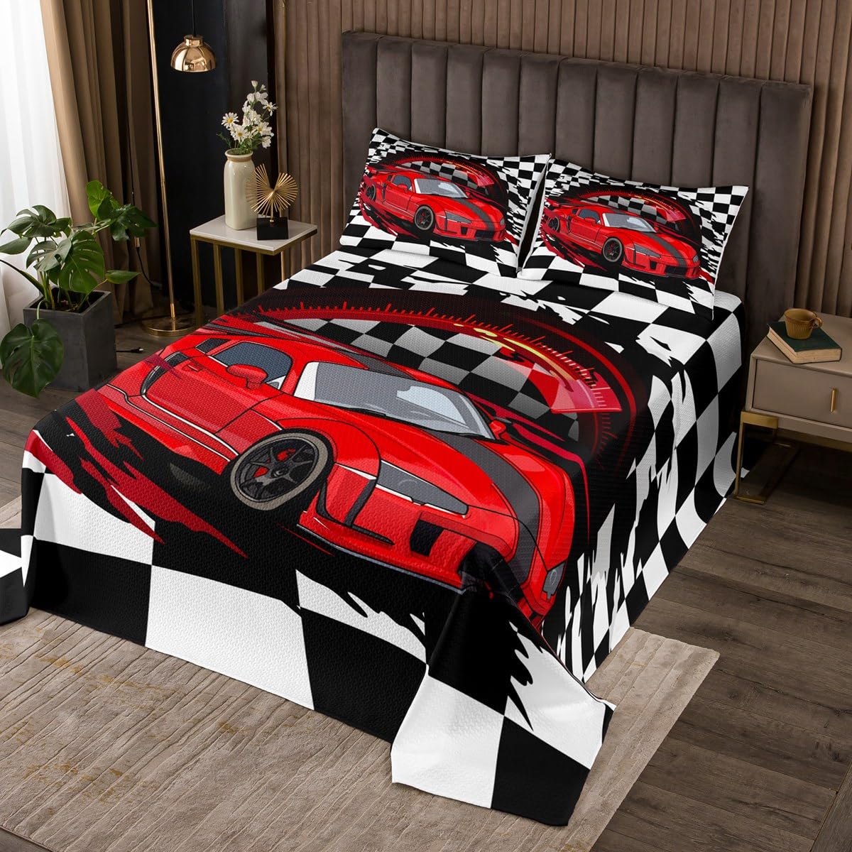 Erosebridal Red Sports Car Quilt Set Queen Size, Boys Race Car Bedspread Set for Teens Girls Adult Extreme Speed Race Car Coverlet Set Black and White Grids Print Car Theme Bed Set Bedroom Decor