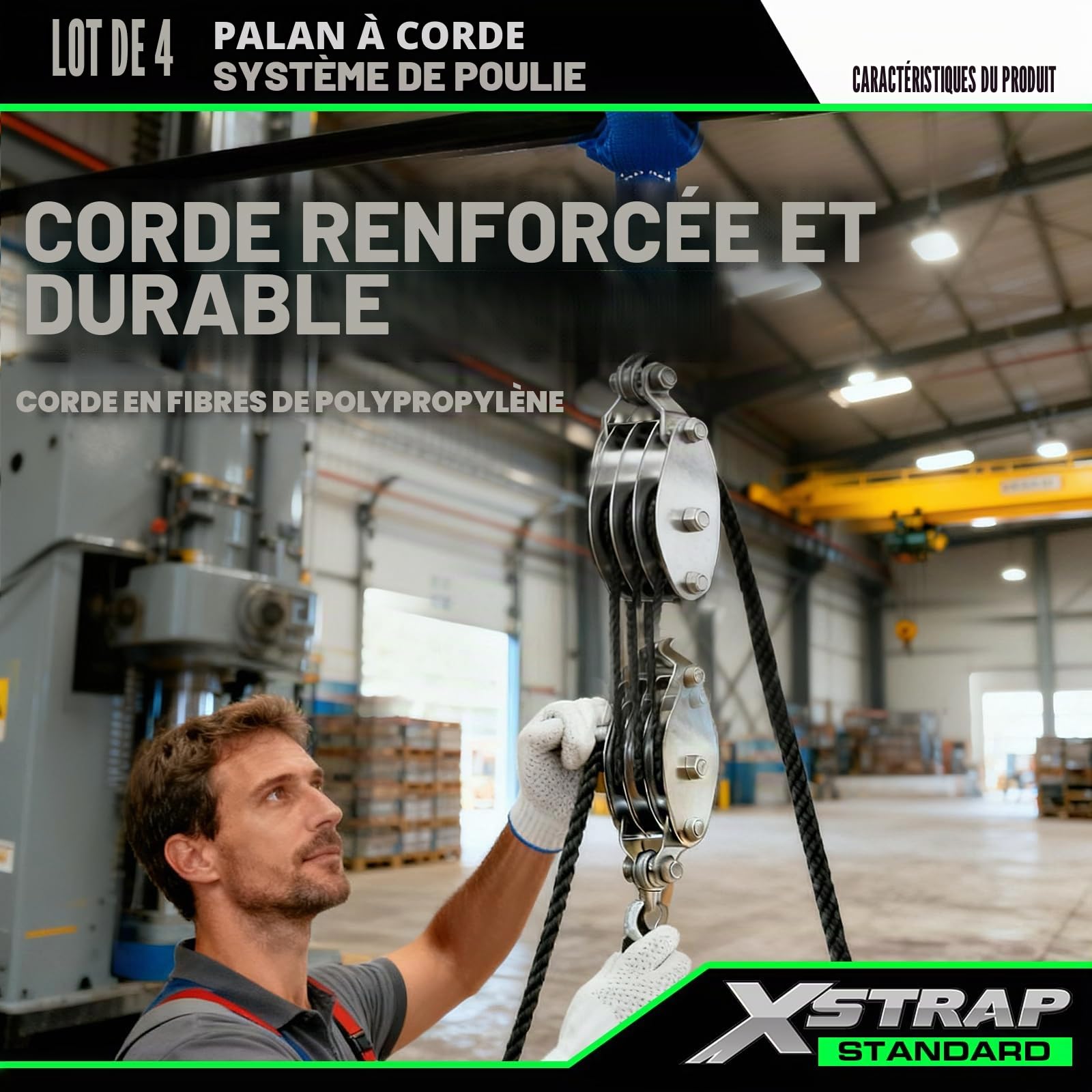 XSTRAP Standard Palan à Corde Robuste de 0,9 kg, résistance à la Rupture de 15,2 m, Bloc de Charge de Travail de 453,6 kg et système de poulie pour soulever des Objets Lourds (Noir)