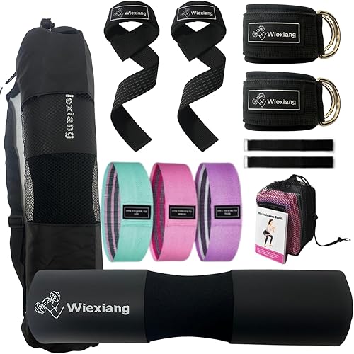 Miniatura 8 de Wiexiang Juego de 11 almohadillas para pesas para sentadillas, 1 almohadilla de empuje de cadera, 2 correas de elevación, 3 bandas de resistencia, 2