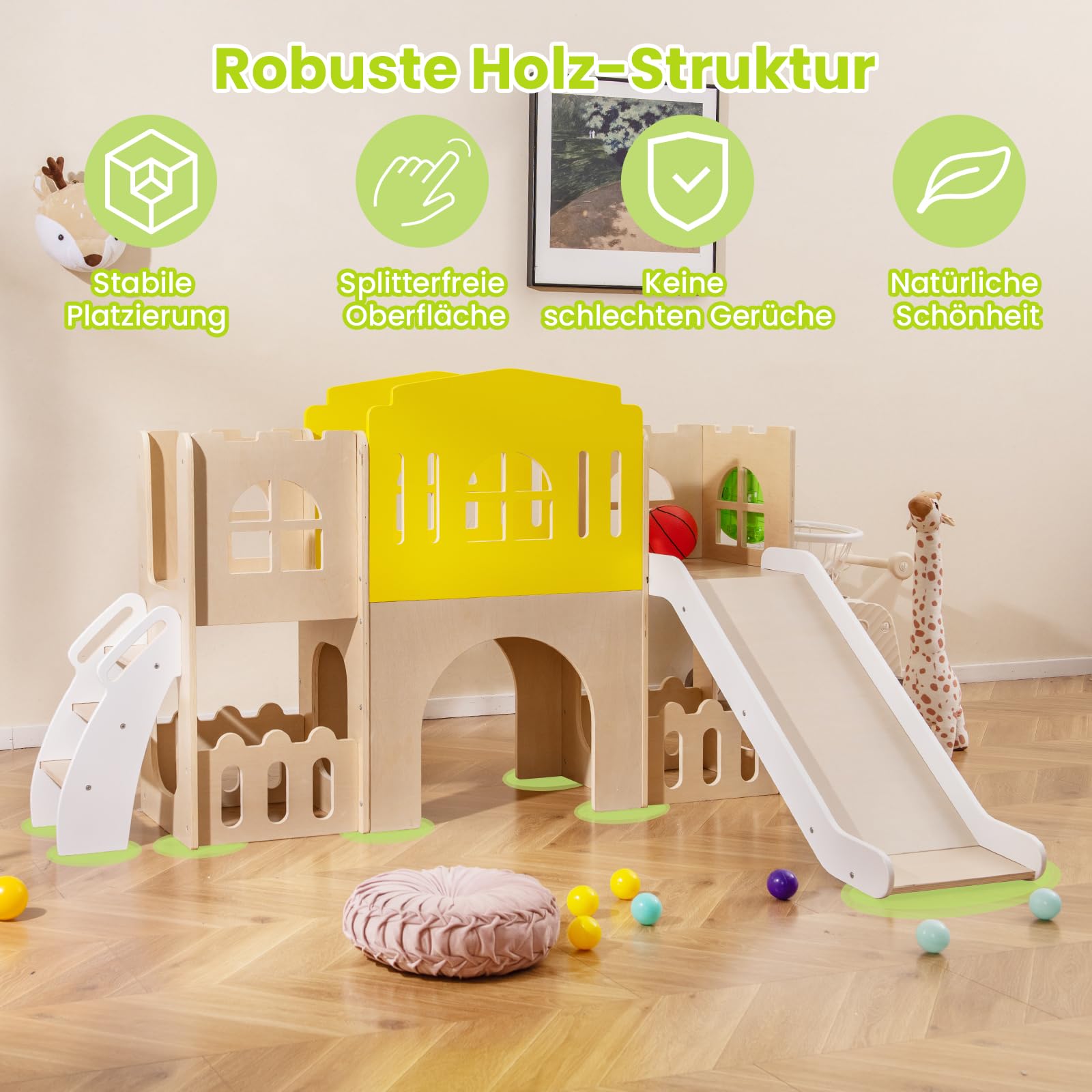 COSTWAY 7-in-1 Kinder Rutsche, Kinderrutsche mit Kletterleiter & Basketballkorb & Tunnel & Stauraum, Klettergerüst Indoor, Holz Spielplatz für Kinder ab 3 Jahren