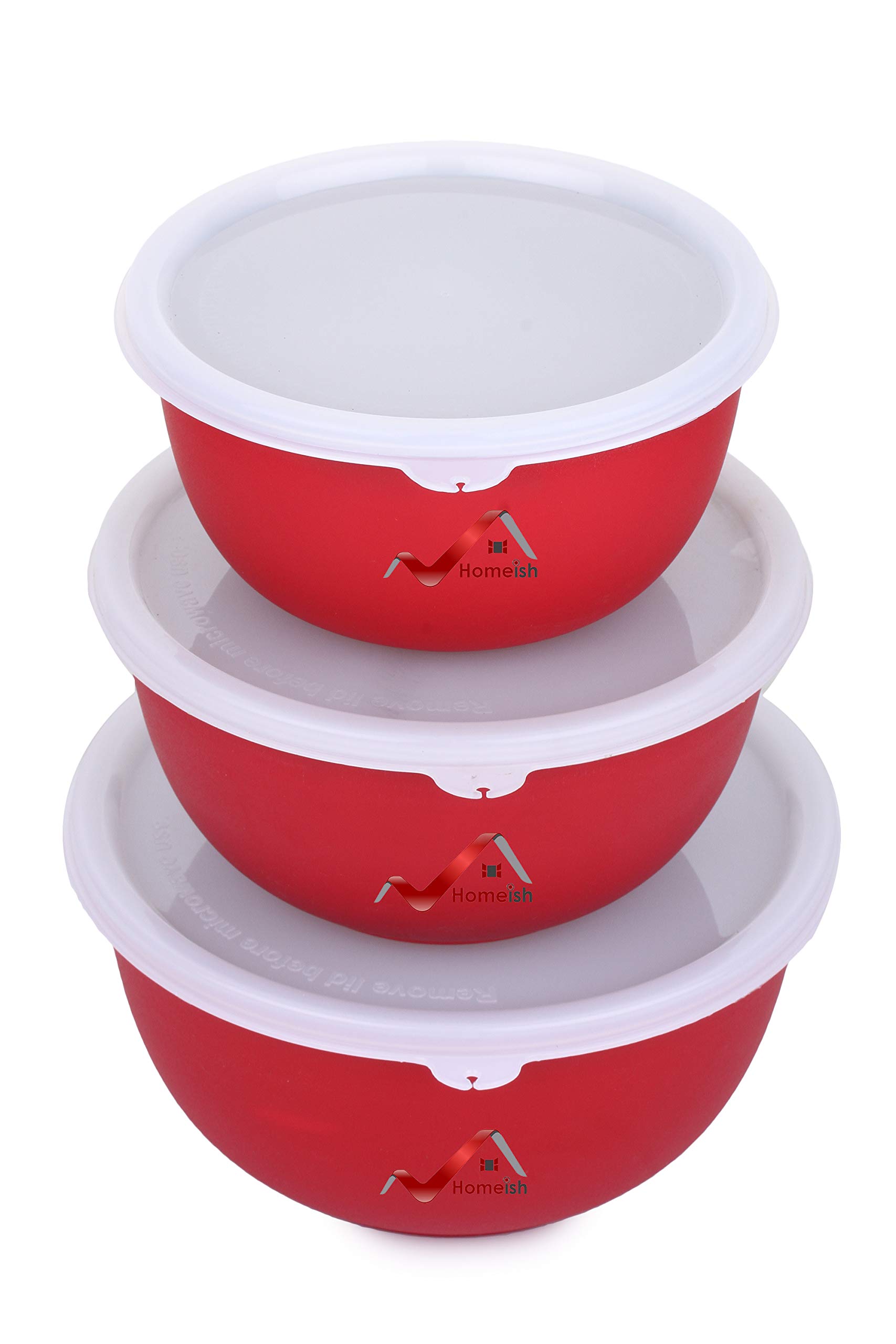 Homeish Microwave Safe Stainless Steel Plastic Coated Bowls with Lid for Re-Heating, Serving and Storing Snacks, Curries etc - Set of 3 - (14,16 and 18cms) (Red)