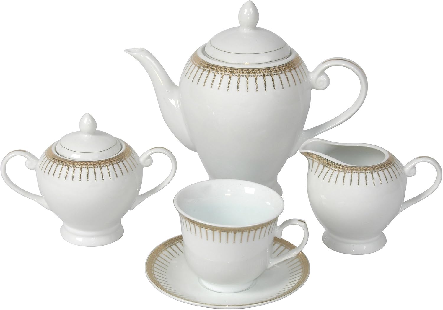 Lorren Home Trends 57-Piece Porcelain Dinnerware Set with Rain Drop Border, Service for 8, Gold