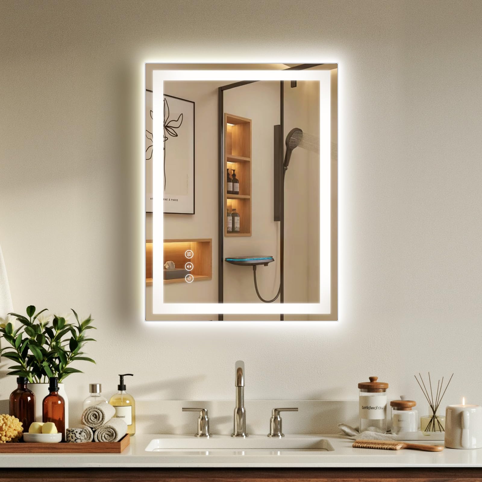 24X32 LED 욕실 거울, 조명 포함, 김 서림 방지, 백라이트 + 전면 조명(CRI>90), 벽용 조명 욕실 화장대 거울, 메모리 기능, 조도 조절 가능, 강화 유리, 비산 방지