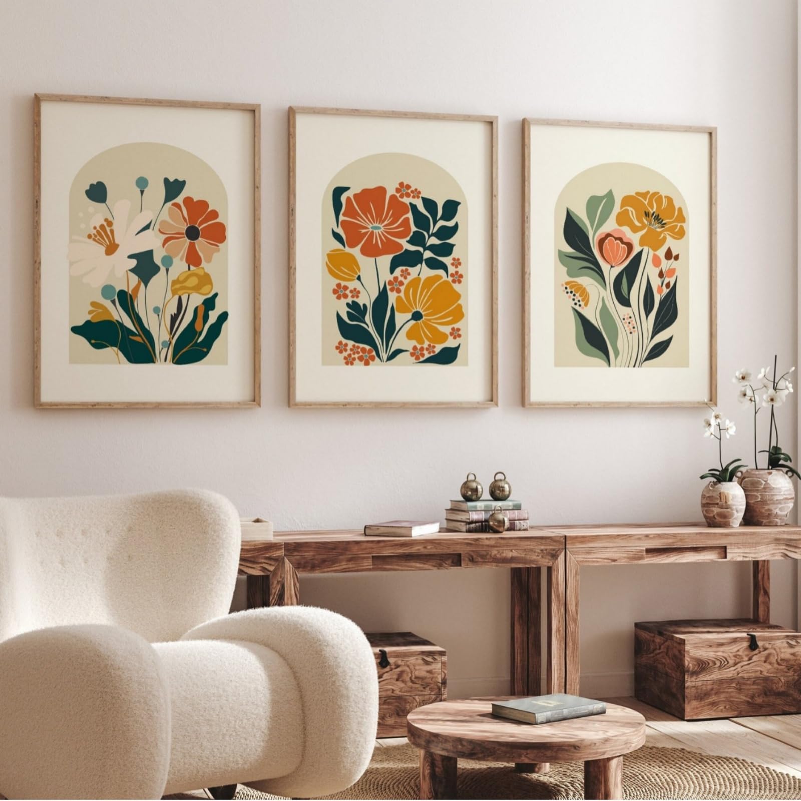 JORCEDI Boho Canvas Wall Art Set of 3, Mid Century Abstract Botanical Flower Posters Prints, Terracotta Geometric Room Decor, 21x30-50x70cm, Unframed (30x40 cm,A)