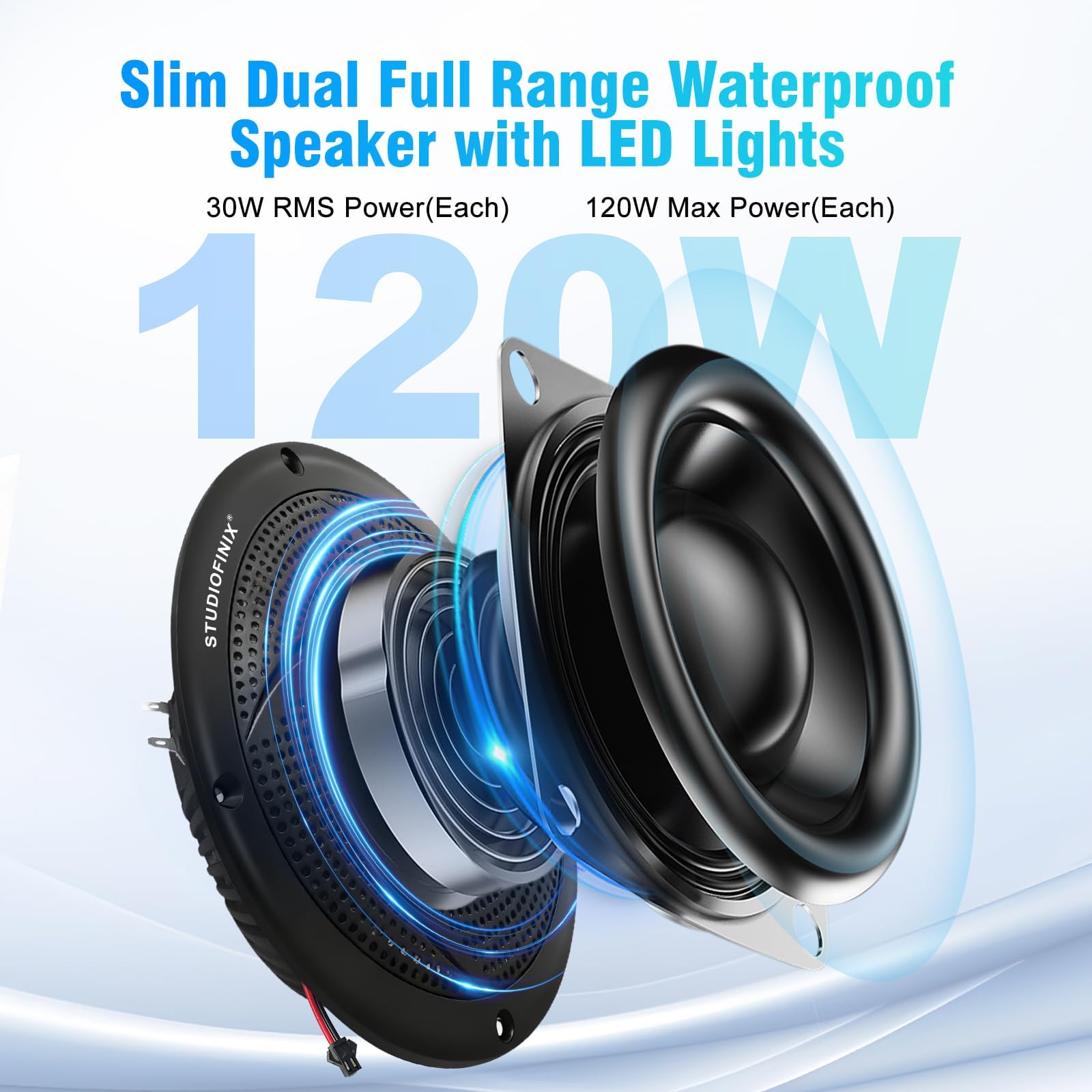 STUDIOFINIX 6,5" 240W Bluetooth wasserdichte Marine-Lautsprecher, 2-Wege wetterfest mit LED-Leuchten, schlank flach, für Boot, Wohnmobil, ATV, UTV, Golfcart (1 Paar, Schwarz)
