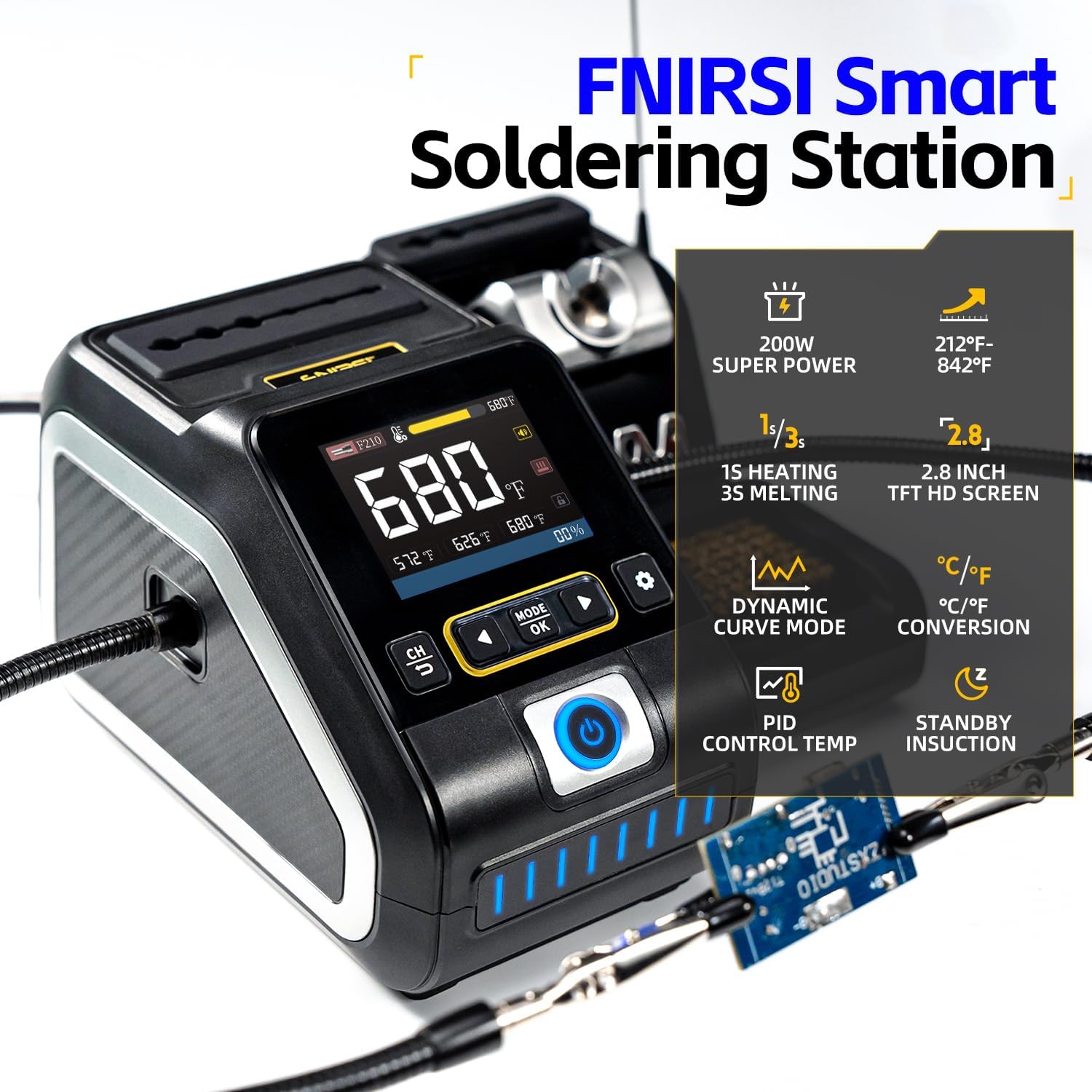 FNIRSI DWS-200 200W Precisión Digital Estación de Soldadura Kit con 9 Puntas (F210*3 y F245*6) & 2 Manos Auxiliares, Valor Temporal & Modo Curva, 3 Memorias de Temperatura, Pantalla TFT HD 2.8"