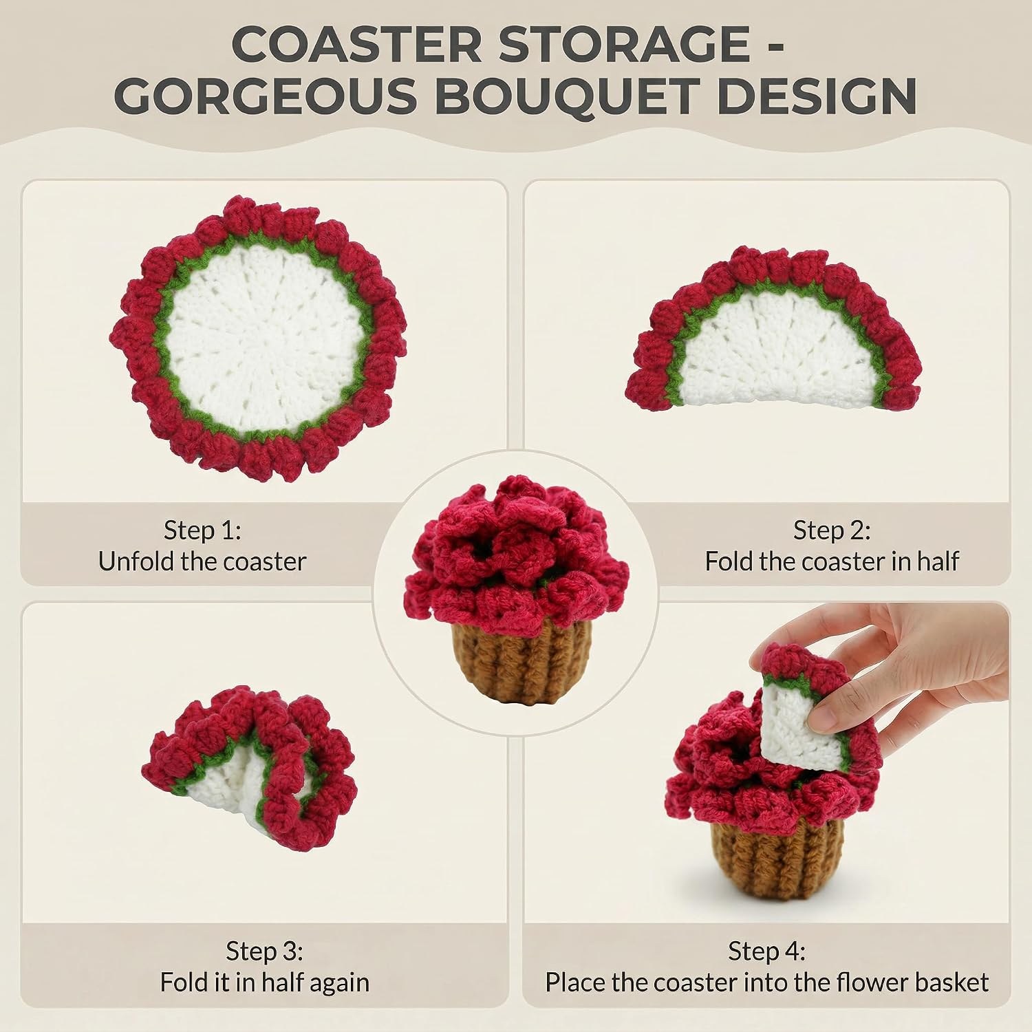 2-in-1 Handmade Crochet Lily Coaster Set Foldable Flower Pot Design image 4