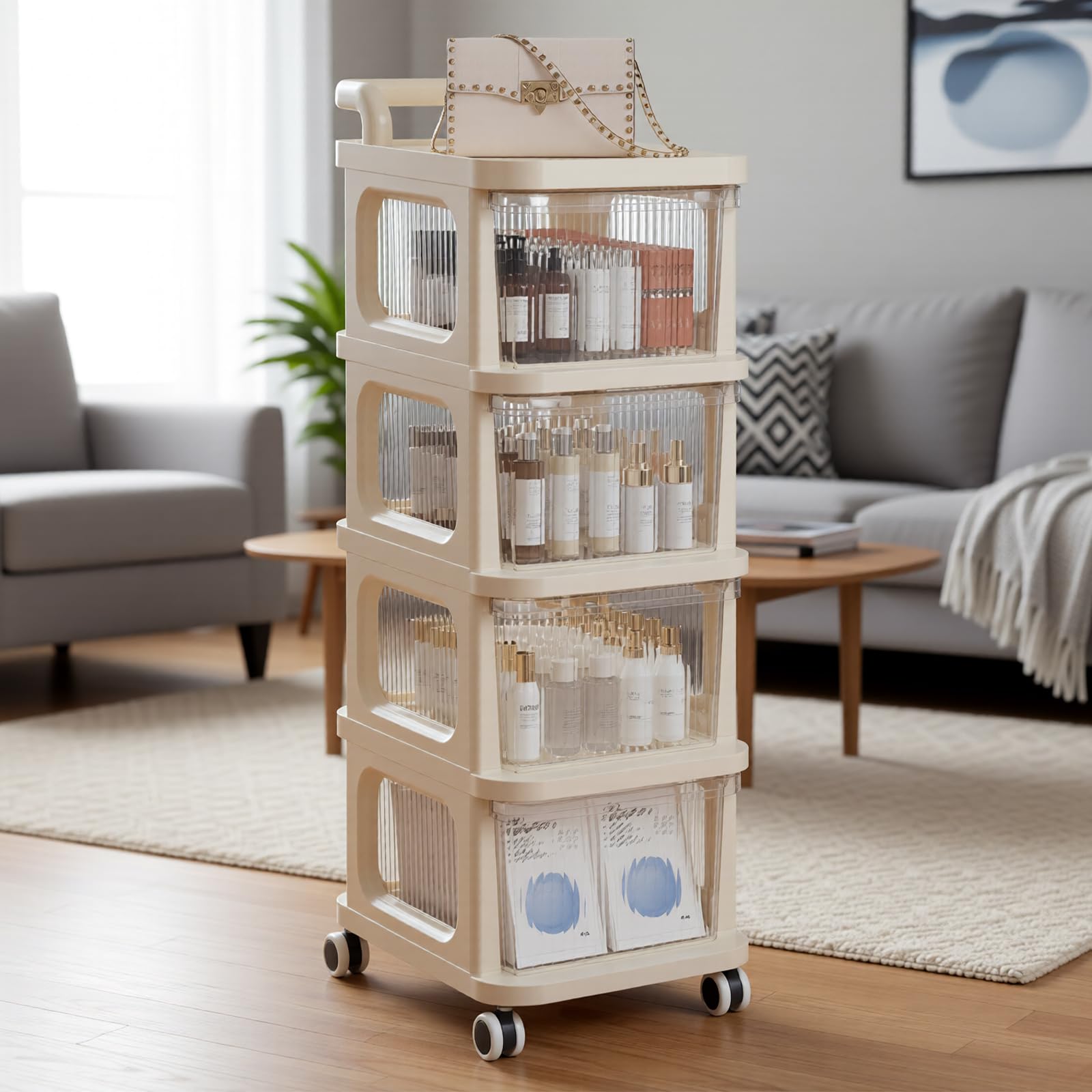 Mobile Baby Organizer Cart with 4 Drawers, Rolling Storage Cabinet for Diapers, Toys, Feeding Supplies, Nursery, Bathroom & Kitchen Storage Cart, Drawer Storage Cabinet for Sundries (White)