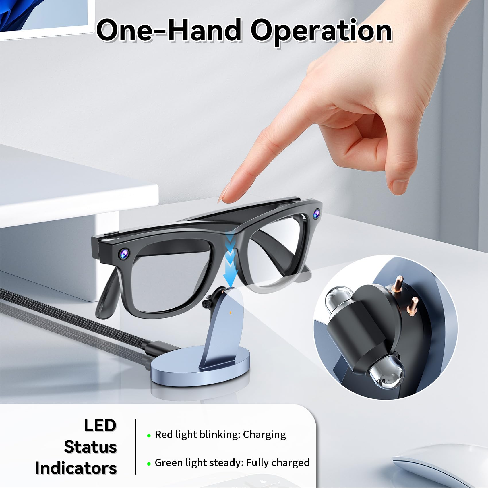 Cargador para gafas RayBan Meta Smart, base de metal con indicador LED, estación de carga rápida USB-C, soporte de carga portátil compatible con RayBan Meta 2