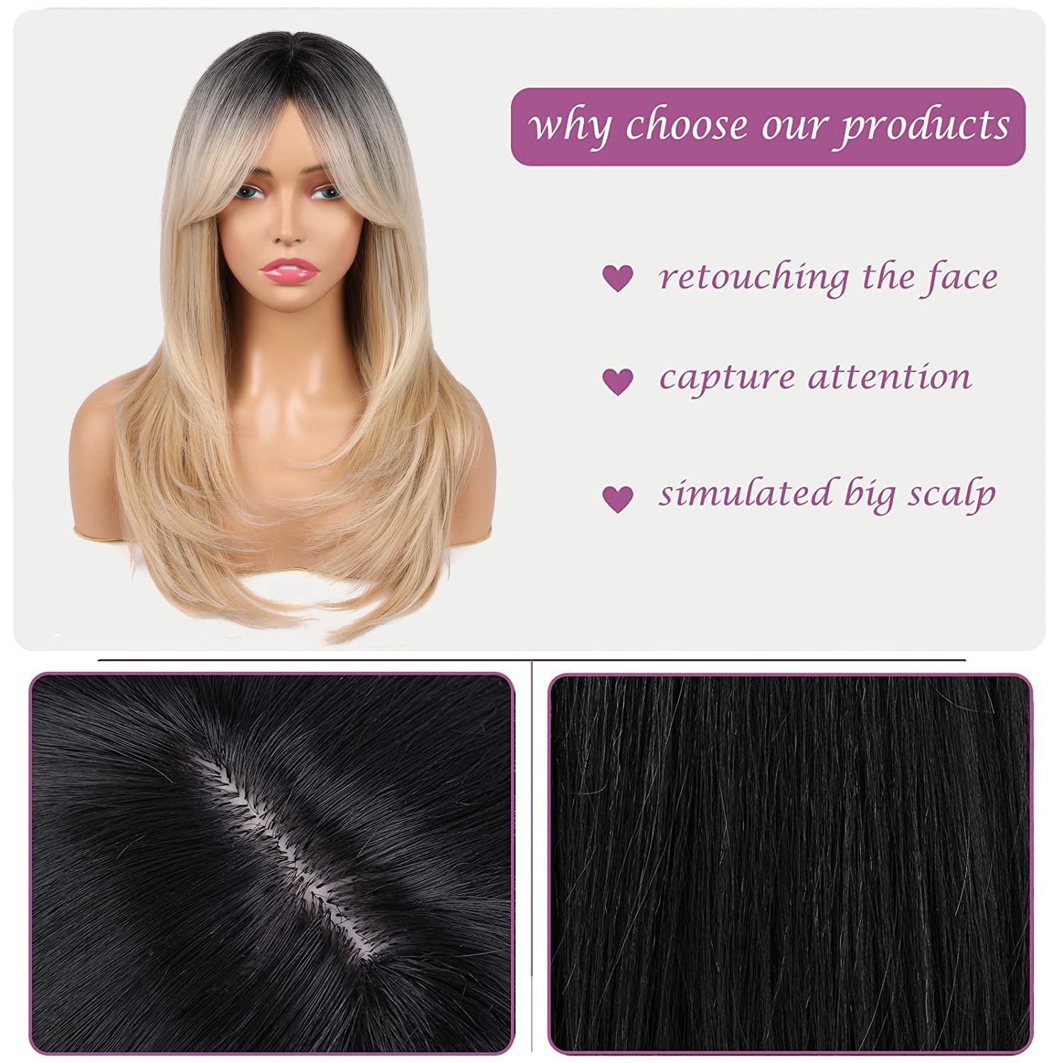 Blonde Wig With Bangs 22 Inch Layered with Black Roots Shoulder Length Wigs for Women Ombre Color Wig Natural Looking Synthetic Hair Wig for Daily Party Use(Ombre Blonde) - Image 2