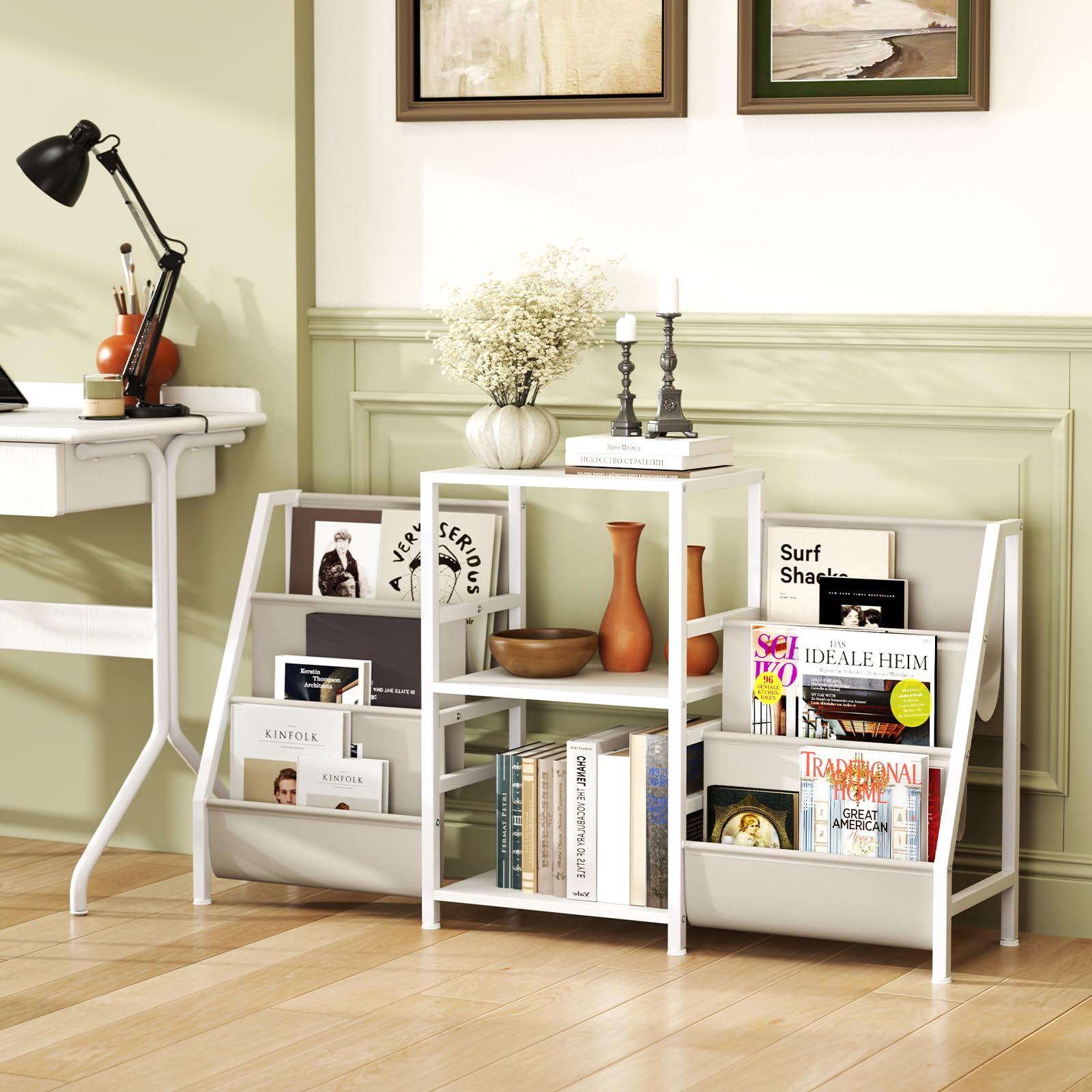 COSTWAY Supporto per Giradischi per Vinili, Porta Giradischi Vinili Fino a 200 Album con 3 Ripiani, 6 Tasche di Archiviazione e Struttura in Metallo, per Casa Studio e Caffè, 125x30x69 cm (Bianco)